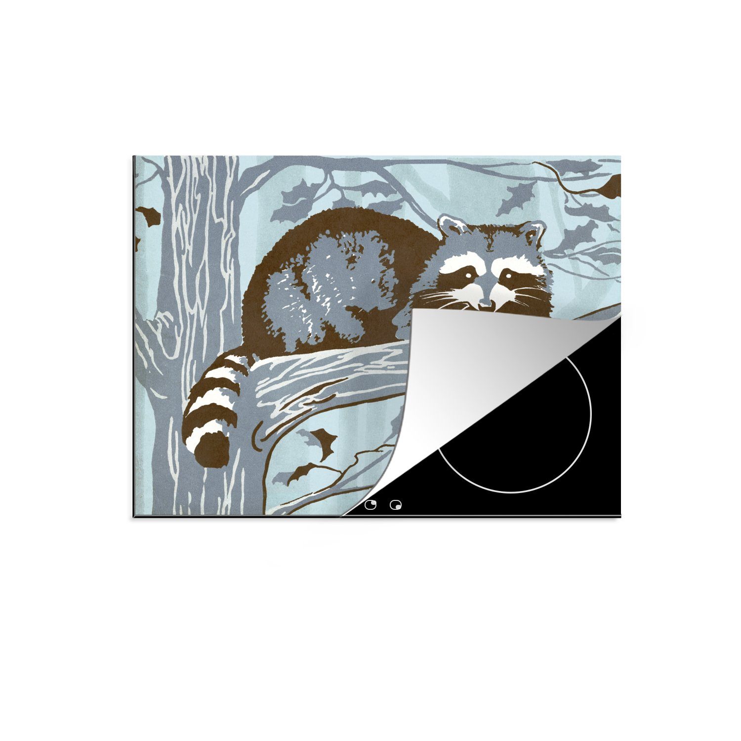 Waschbären in (1 Illustration Vinyl, cm, eines tlg), MuchoWow nutzbar, Ceranfeldabdeckung einem Blaue Herdblende-/Abdeckplatte Arbeitsfläche 60x52 Baum, Mobile