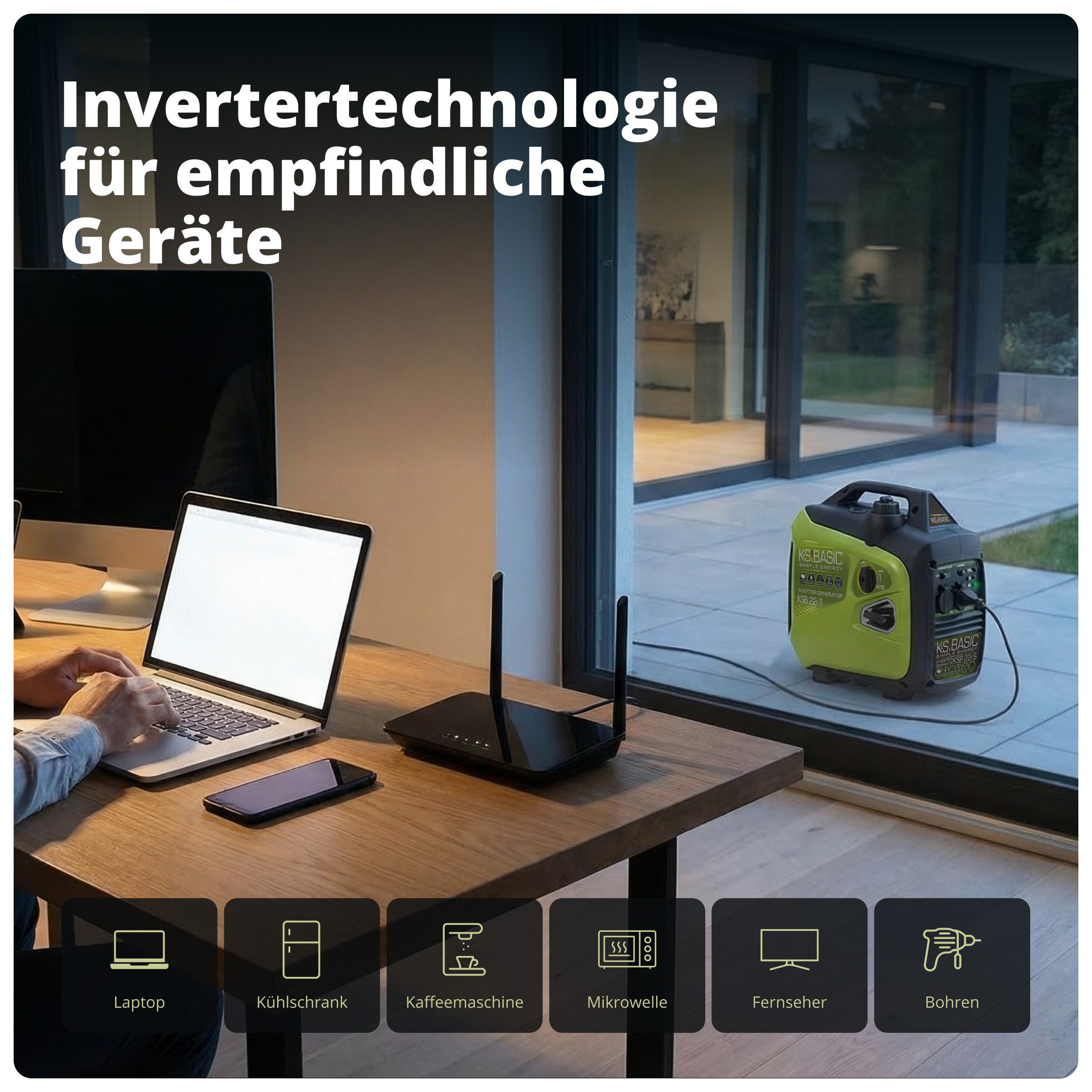 Könner & Söhnen Stromerzeuger KSB 22i S, 2,00 in kW, (Superleiser Inverter-Generator für empfindliche Geräte, 1-tlg., 2.0 kW, 62 dB(A), mit Sparmodus (ECON-MODUS) und Griff), Schalldämmgehäuse, Reine Sinuswelle, Mikroprozessor, EURO V