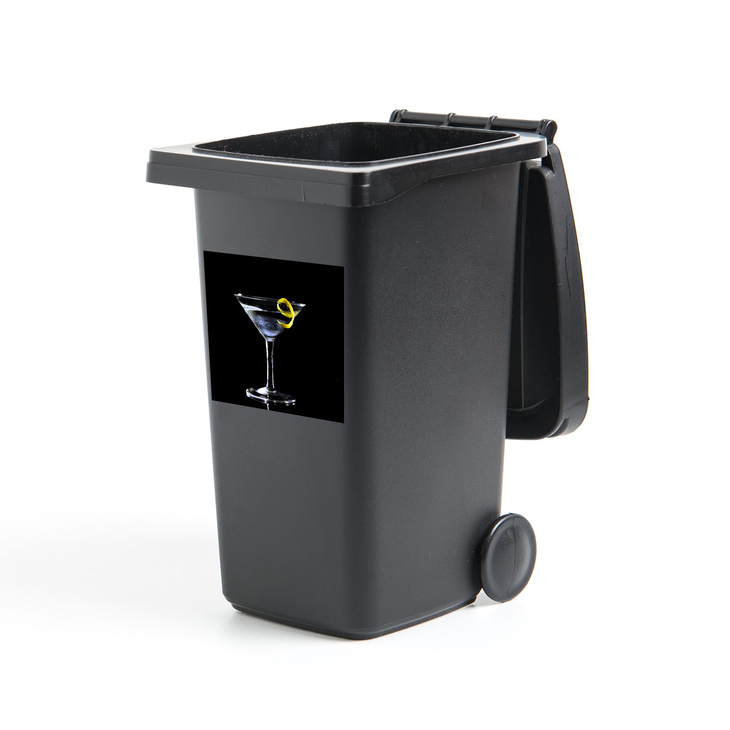 Wandsticker mit Abfalbehälter St), Mülleimer-aufkleber, Mülltonne, auf Container, (1 Sticker, MuchoWow Zitronenspitze Martini schwarzem Hintergrund