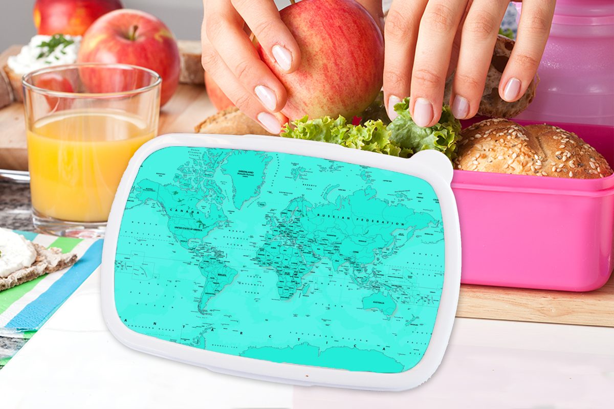 MuchoWow Lunchbox Weltkarte (2-tlg), Stabil Rot, für Brotbox Snackbox, Mädchen, rosa - Kunststoff, Kinder, - Erwachsene, Brotdose Kunststoff