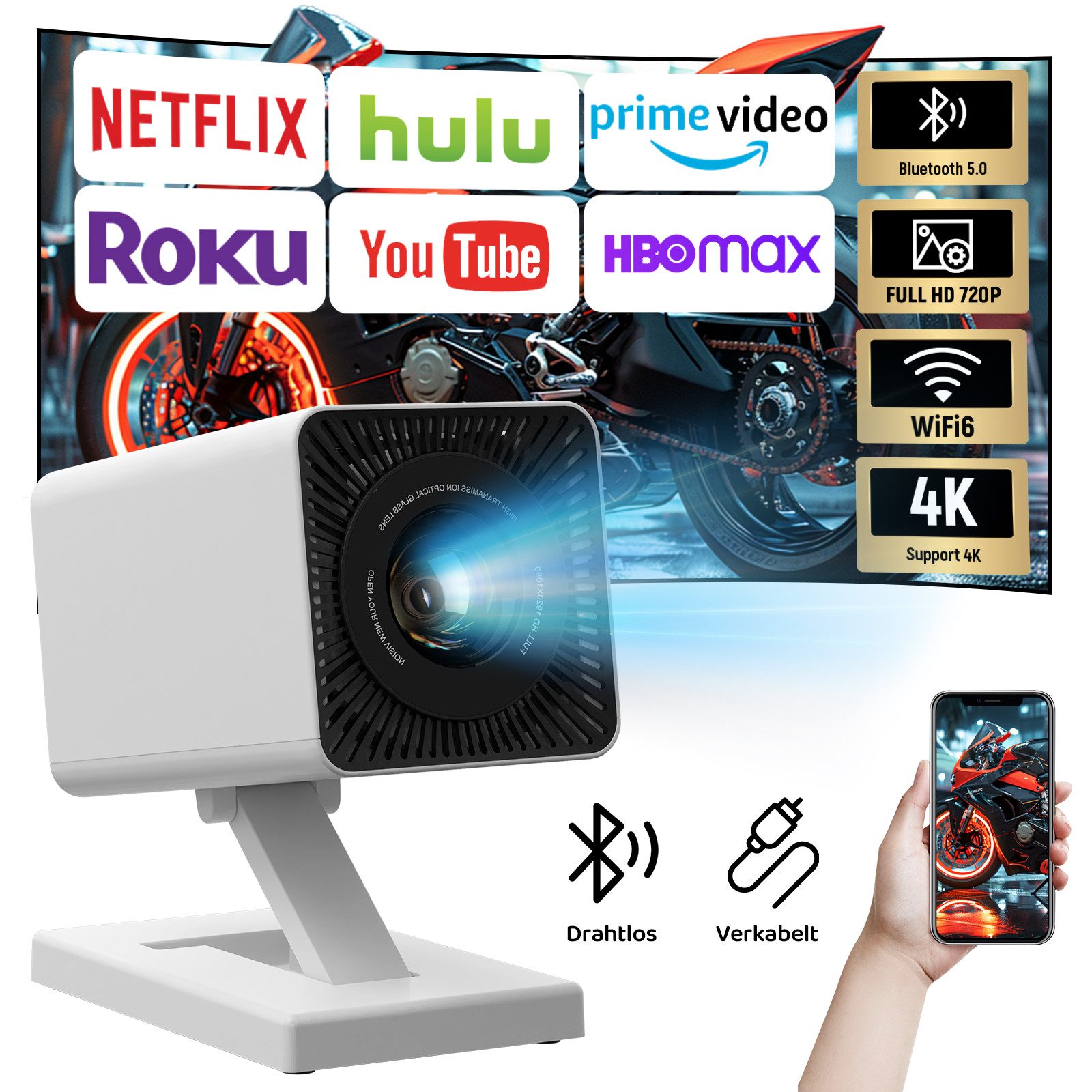 Happybe 130'' Mini Beamer WiFi 6 Bluetooth 5, Automatische Vertikale Korrektur Portabler Projektor (1500:1, 1280 x 720 px, 4K Heimkino Smart Beamer Kompatibel mit Telefon/PC/HDMI USB)