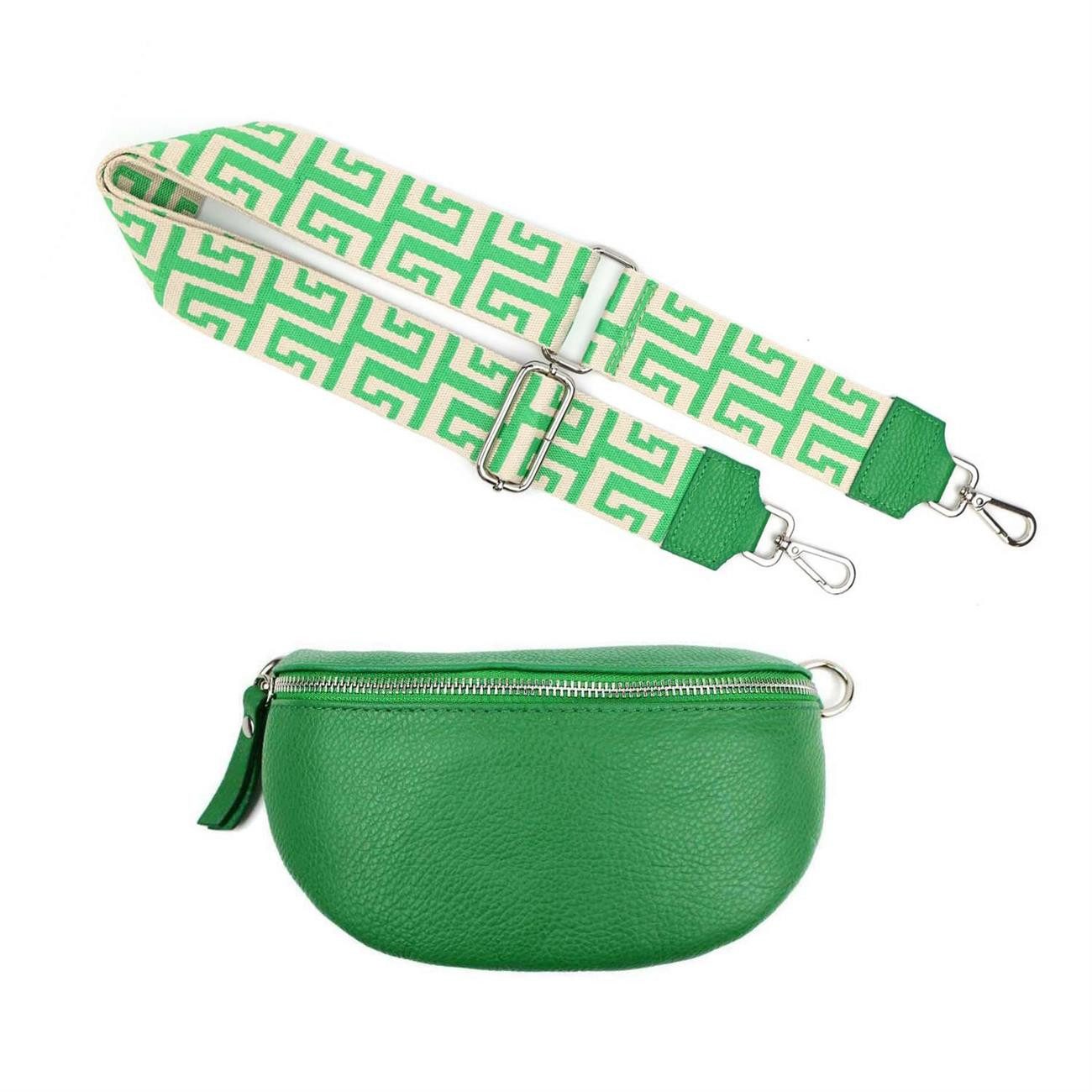 ITALYSHOP24 Bauchtasche Made in Italy Damen Leder Gürteltasche Hüfttasche Brusttasche Bodybag (Spar-Set aus einer Tasche mit dem Ledergurt und einem breitem Stoffgurt/Umhängeband), 1 Tasche & 2 Gurte, Schultertasche, Umhängetasche mit 2 Schulterriemen