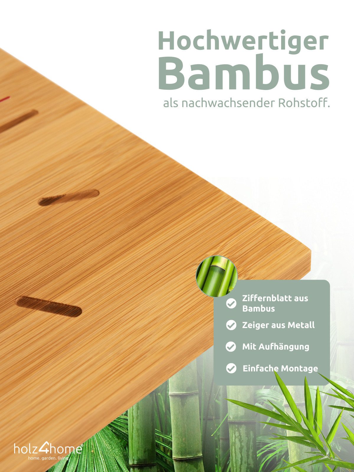 holz4home® Wanduhr aus Bambus I Moderne Holzuhr ohne Tickgeräusch