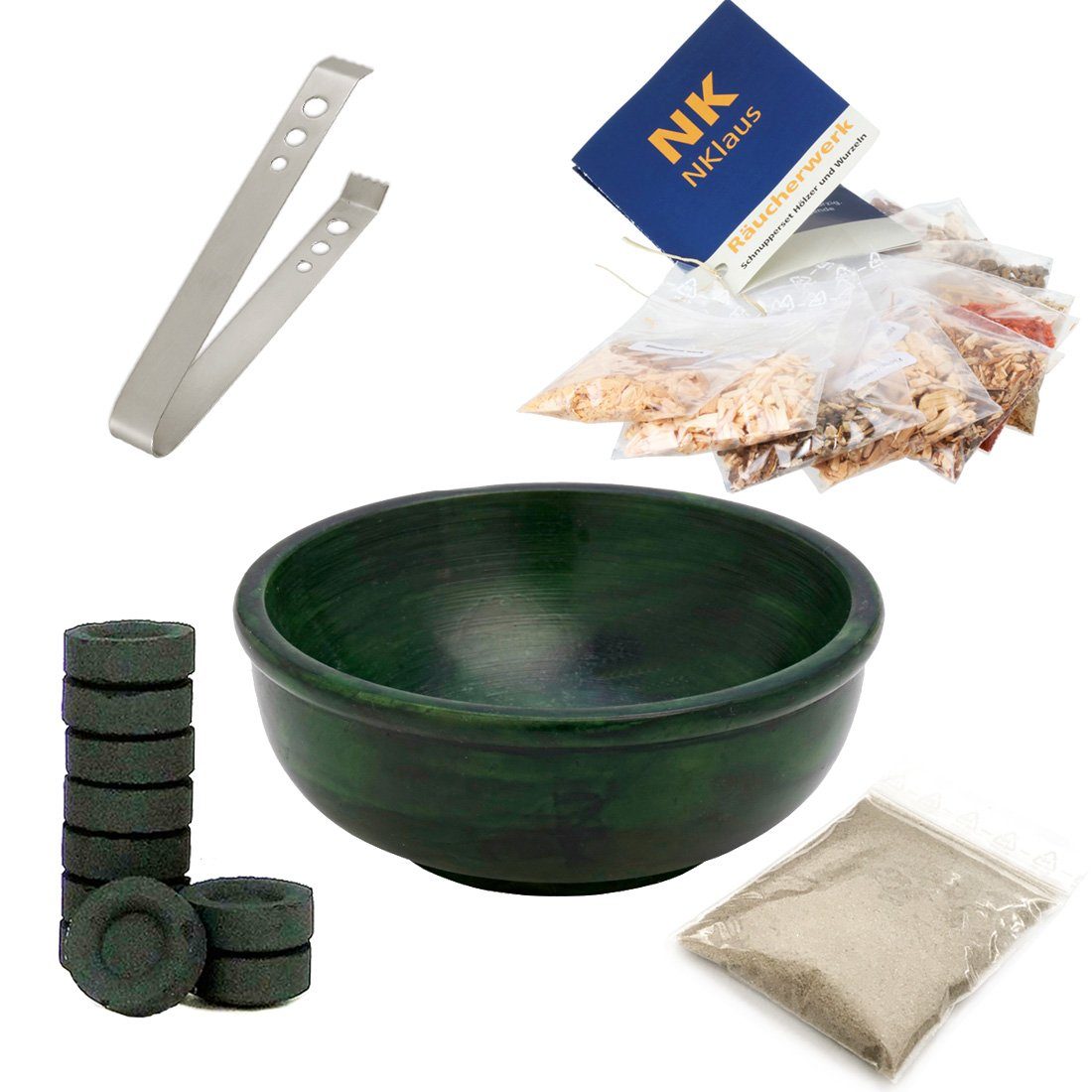 NKlaus Räucherschale Magischer Räucherwerk Set mit Speckstein Räucherschale 11cm Grün + Vie, Räucherstövchen