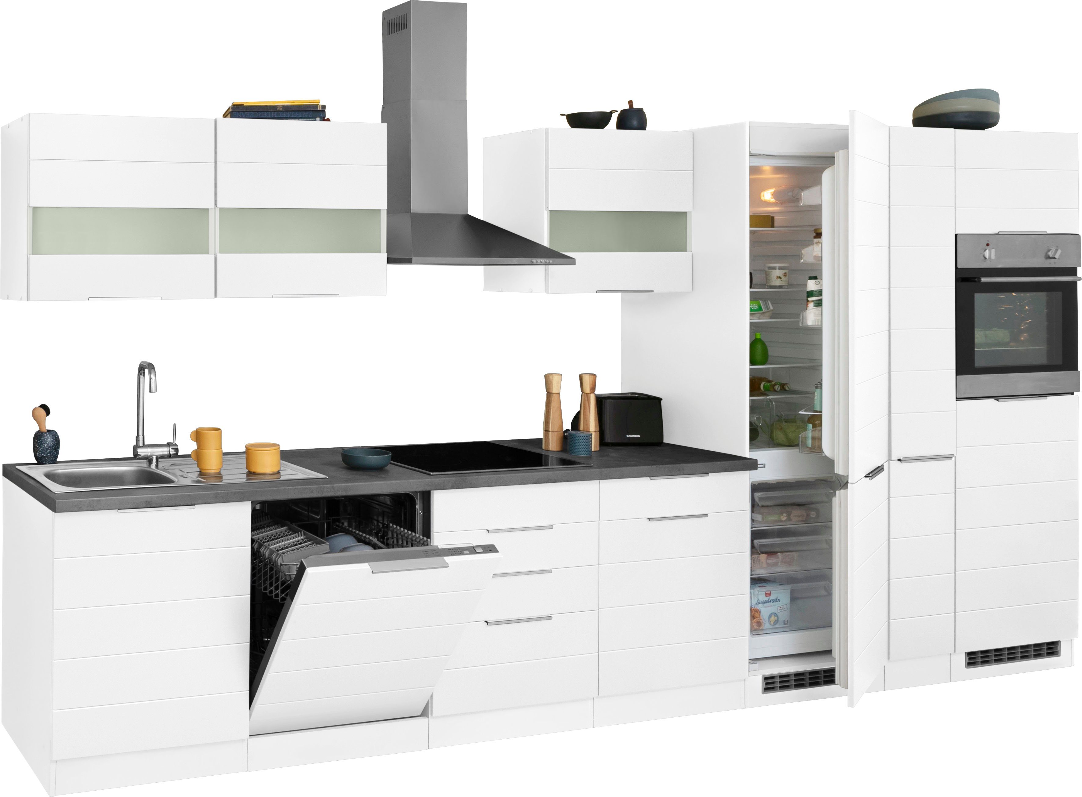 KOCHSTATION Küchenzeile KS-Luhe, 390 cm breit, wahlweise mit oder ohne E-Geräten, gefräste MDF-Fronten