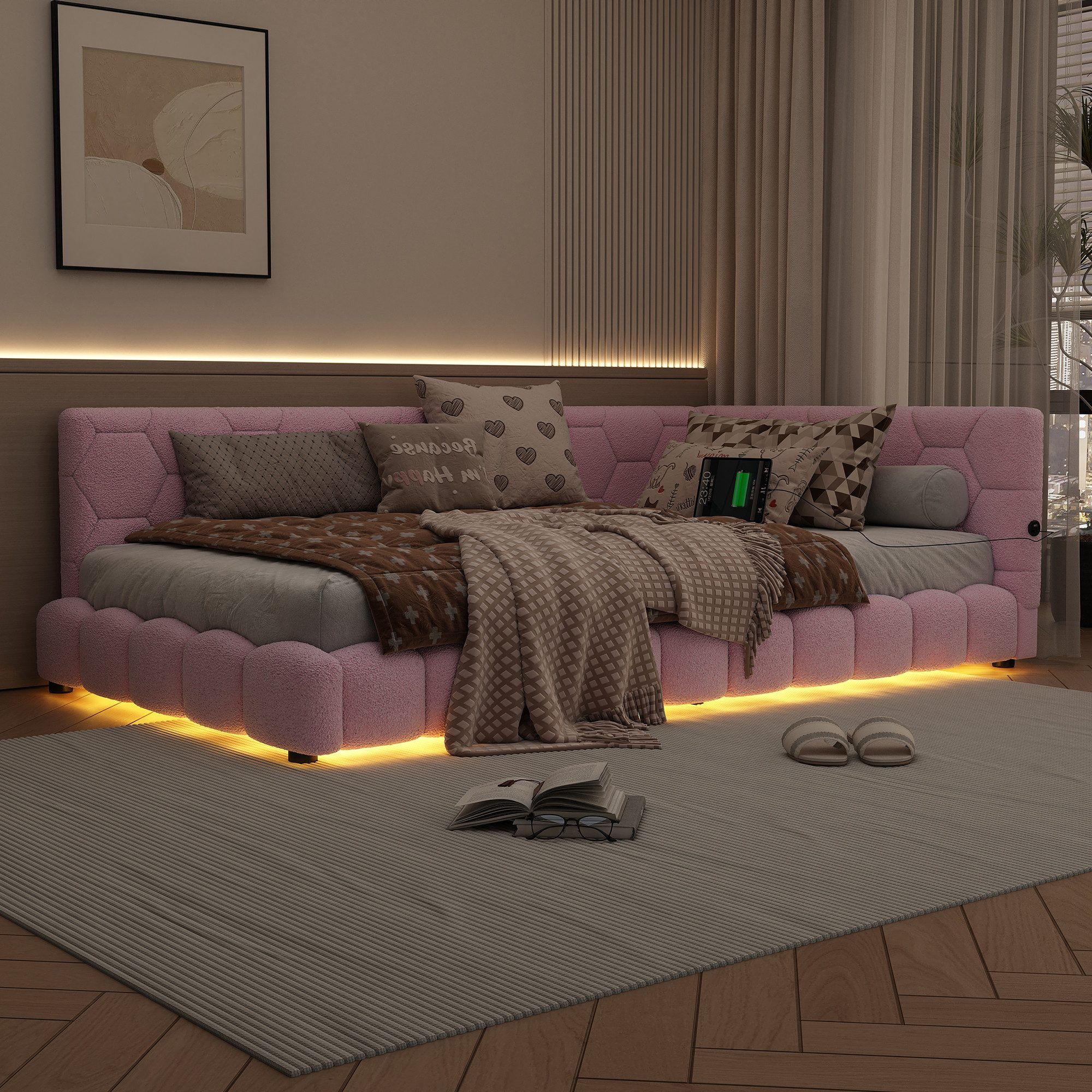 Flieks Polsterbett, LED Einzelbett Daybett Tagesbett Samt 90x200cm mit USB-Anschluss