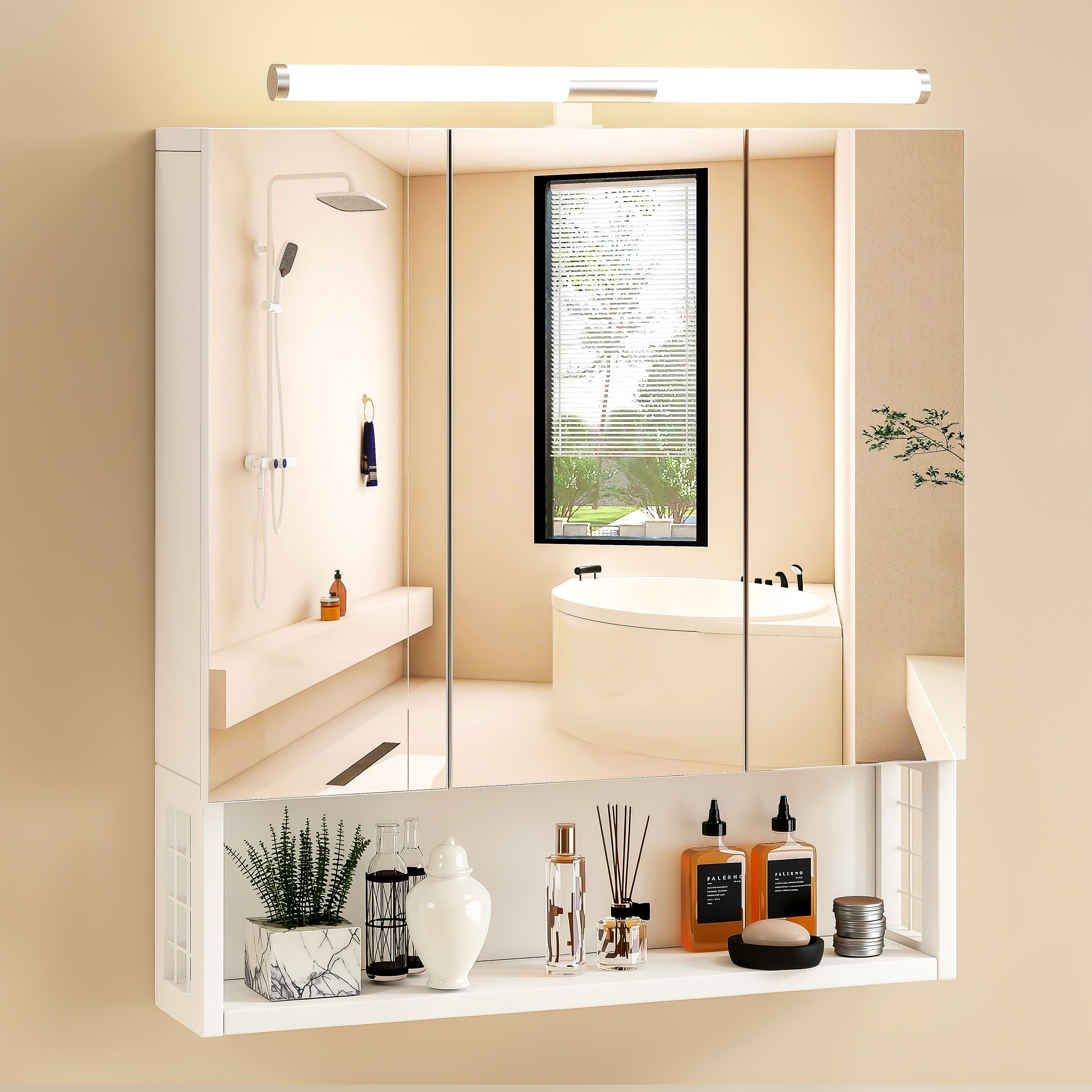 oyajia Spiegelschrank Badezimmerschrank, 16.8 x 70 x 75 cm, Badschrank, Wandschrank (mit LED-Beleuchtung) Badezimmer spiegelschrank mit 3 Türen+ Steckdosen,Spiegel,Hängeschrank