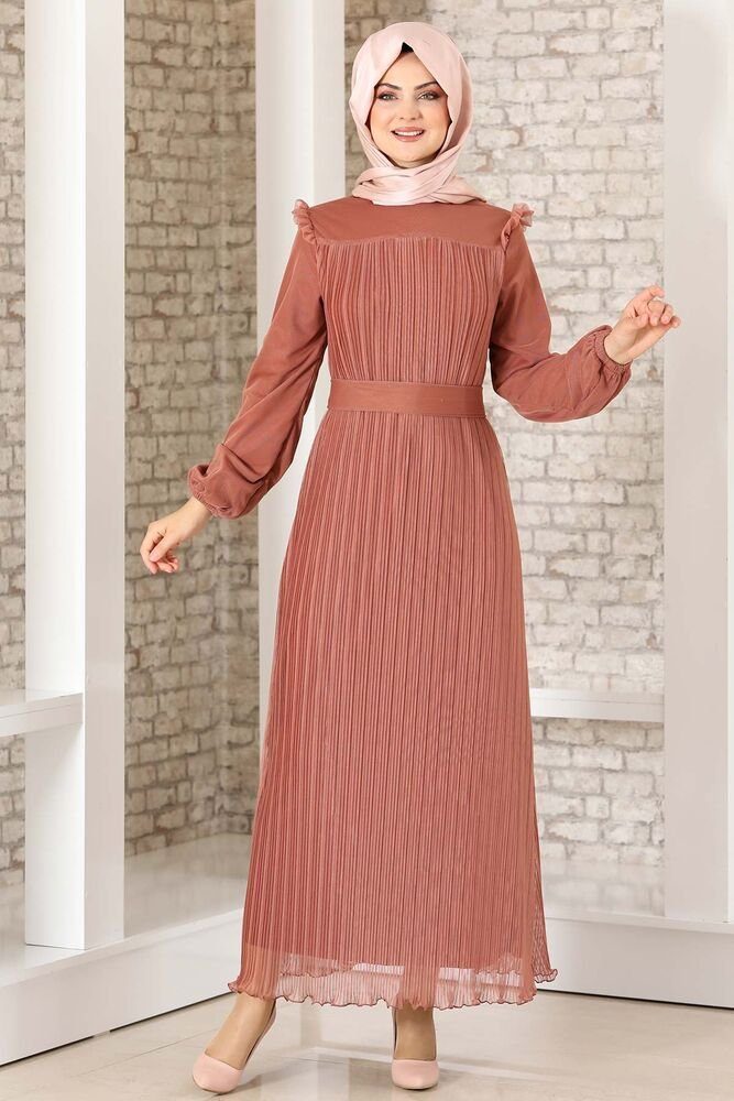 Modavitrini Abendkleid Damen Lady Kleid mit Schulterdetail Abiye Abaya Hijab Kleid Schulterdetail, Falten-Optik Koralle
