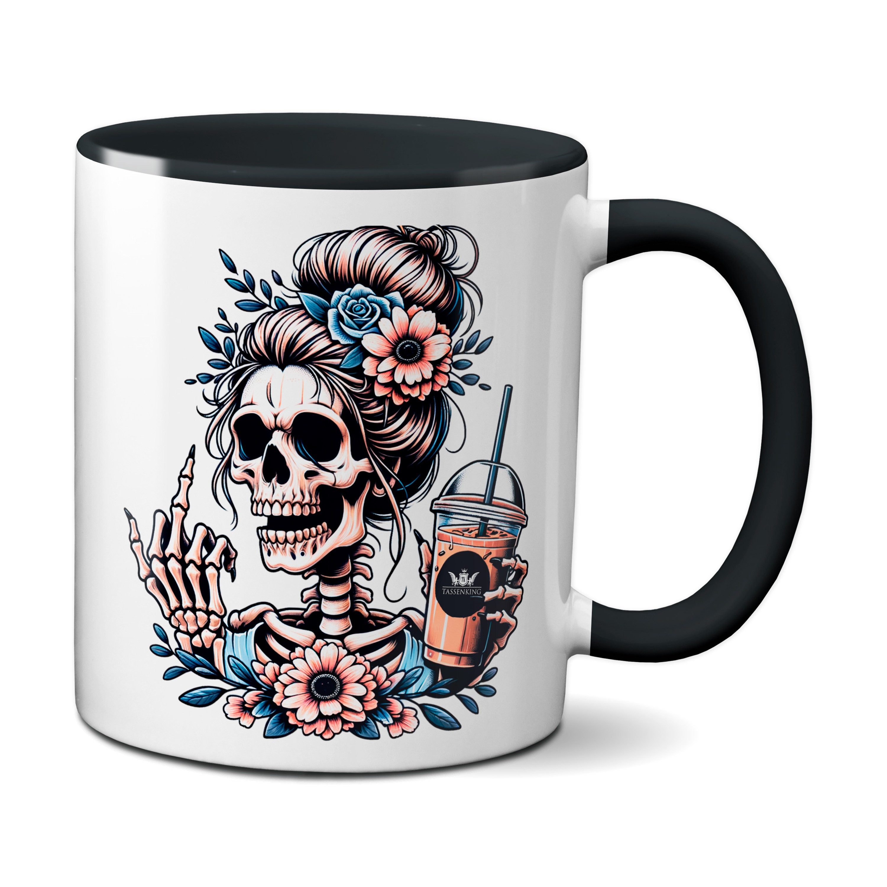 TASSENKING Tasse, Skull Frau mit Mittelfinger (FuckOff) und Kaffee / Schwarz