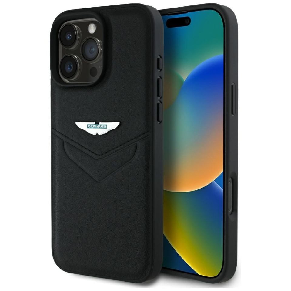 Aston Martin Handyhülle iPhone 16 Pro Echtleder schwarz Logo Metall 6,3 Zoll, Kantenschutz