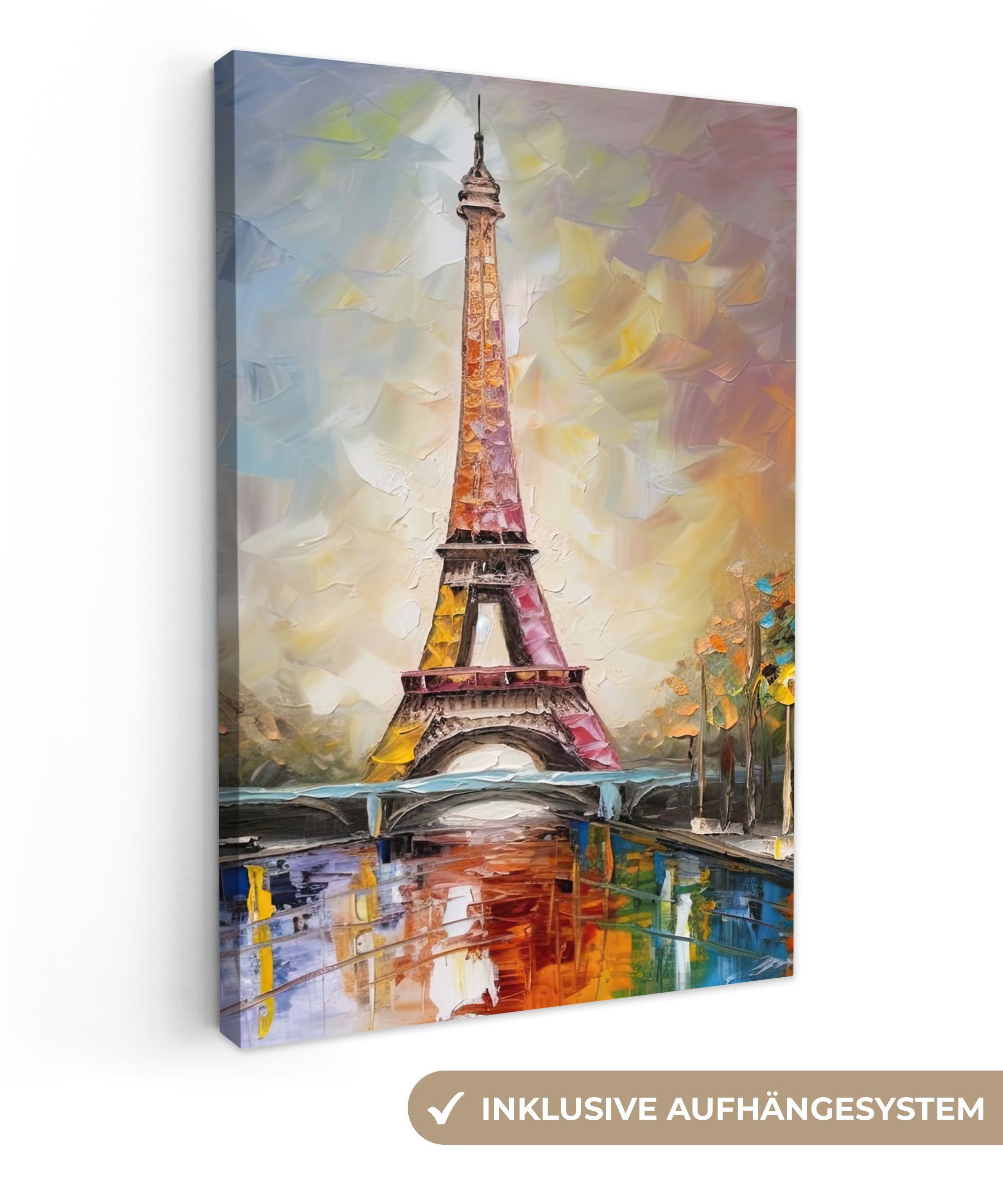 OneMillionCanvasses® Leinwandbild Eiffelturm - Ölgemälde - Paris, (1 St), Leinwandbild fertig bespannt inkl. Zackenaufhänger, Gemälde, 20x30 cm