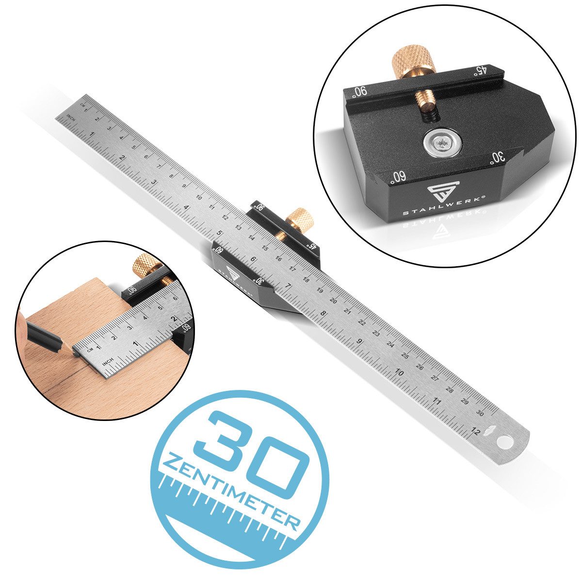 STAHLWERK Anschlagwinkel Winkel-Anschlaglineal, Markierungslehre, Anreißlehre, Markierungslineal, Streichmaß zum Messen, Anreißen