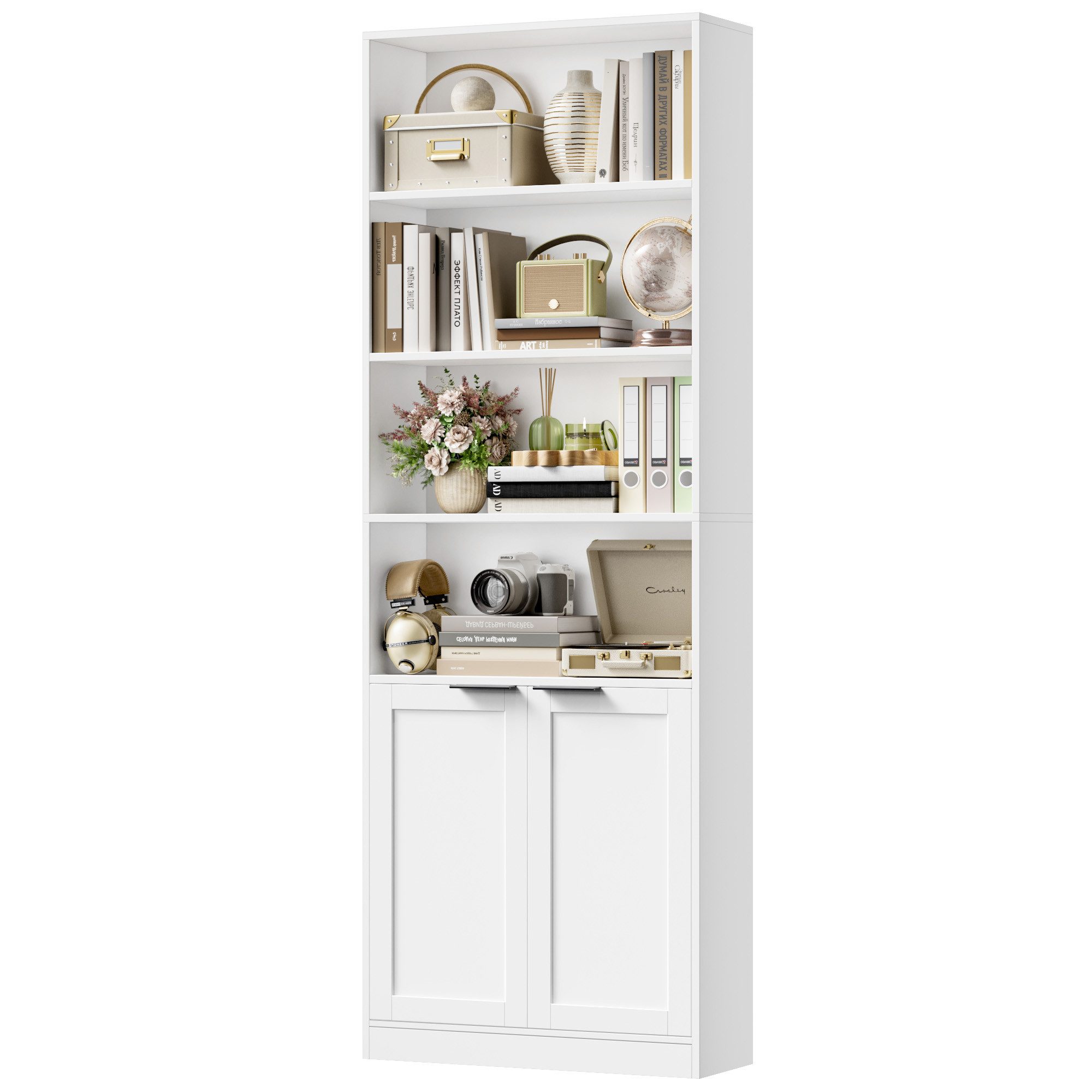 Homfa Bücherregal mit 6 Ebenen Bücherschrank Standregal mit Tür Eckregal weiß, Hochschrank, Billy Regal für Wohnzimmer Homeoffice, 67x24x186,4 cm