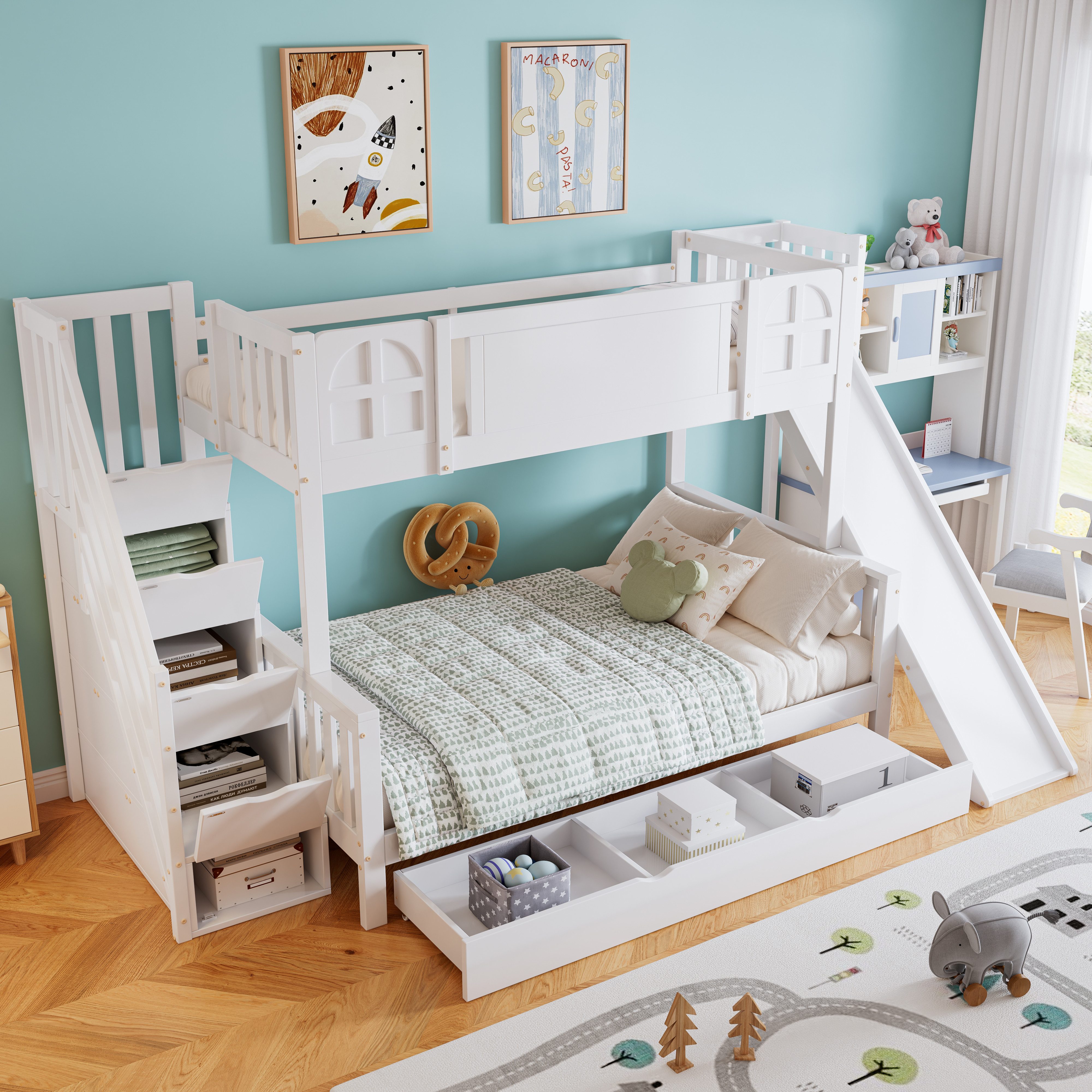 TavilaEcon Etagenbett Kinderbett mit Fenster, Kinderrutsche & 4 Schließfäch günstig online kaufen