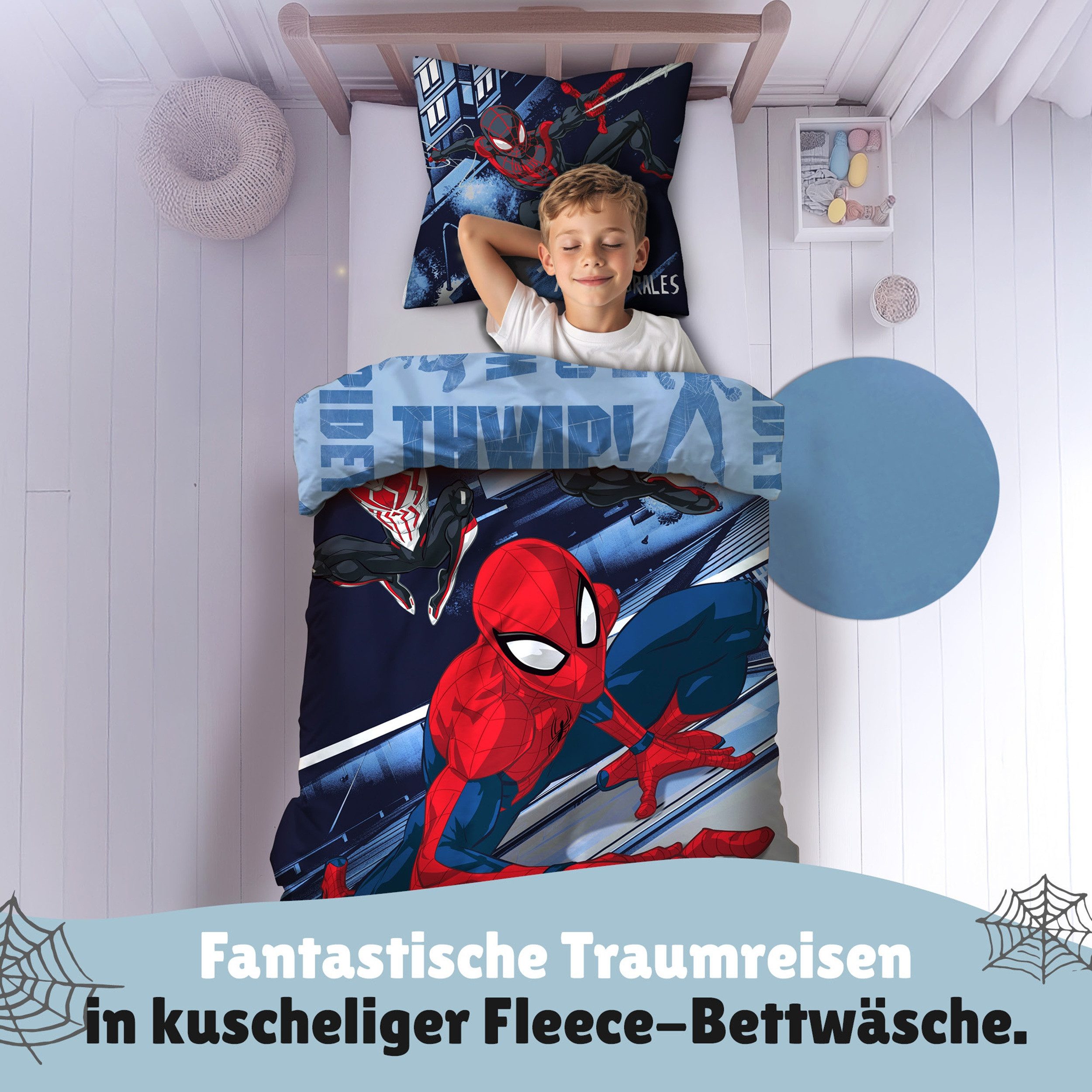 Familando Kinderbettwäsche Spiderman 135x200 80x80 cm Mikro-Fleece mit Reißverschluss, Fleece, 2 teilig, extra flauschig und weich, mit Wendemotiv