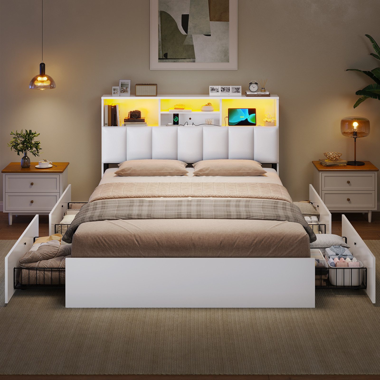 MSMASK Polsterbett Jugendbett, 140×200 cm mit Ladestation und LED-Beleuchtung (Ohne Matratze), Doppelbett mit 4 Schubladen
