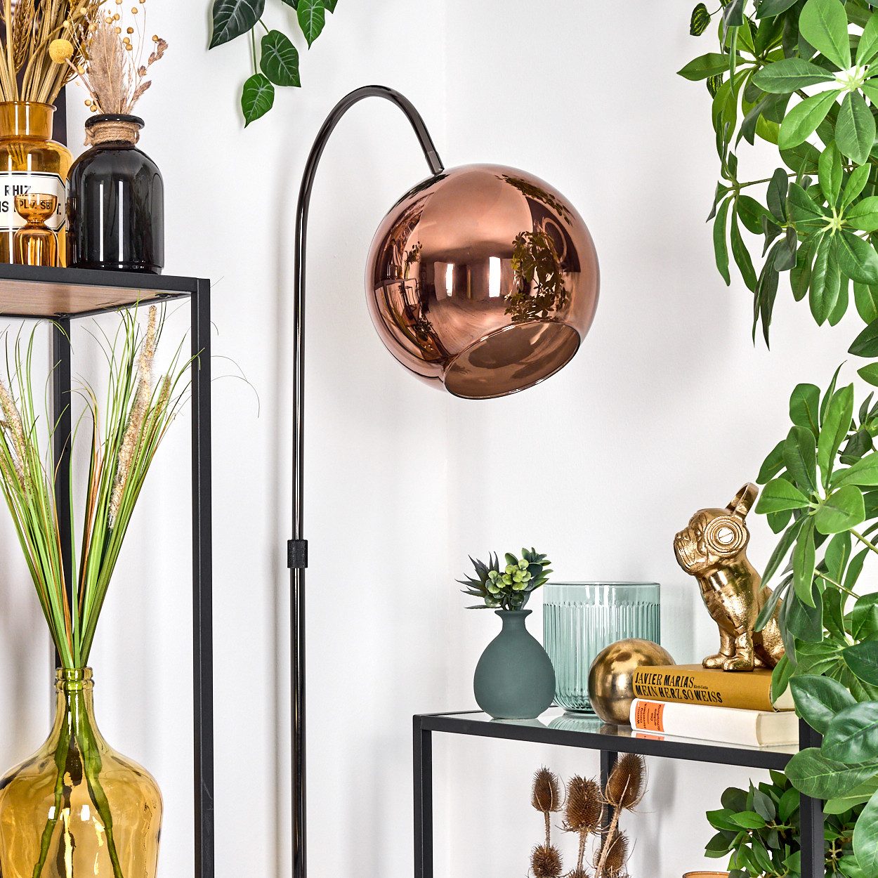 hofstein Bogenlampe Stehlampe aus Metall/Glas in Schwarz/Chrom/Kupfer im Retro-Design, verstellbare Stehleuchte mit Glasschirmen (25cm) u. Fußschalter, E27