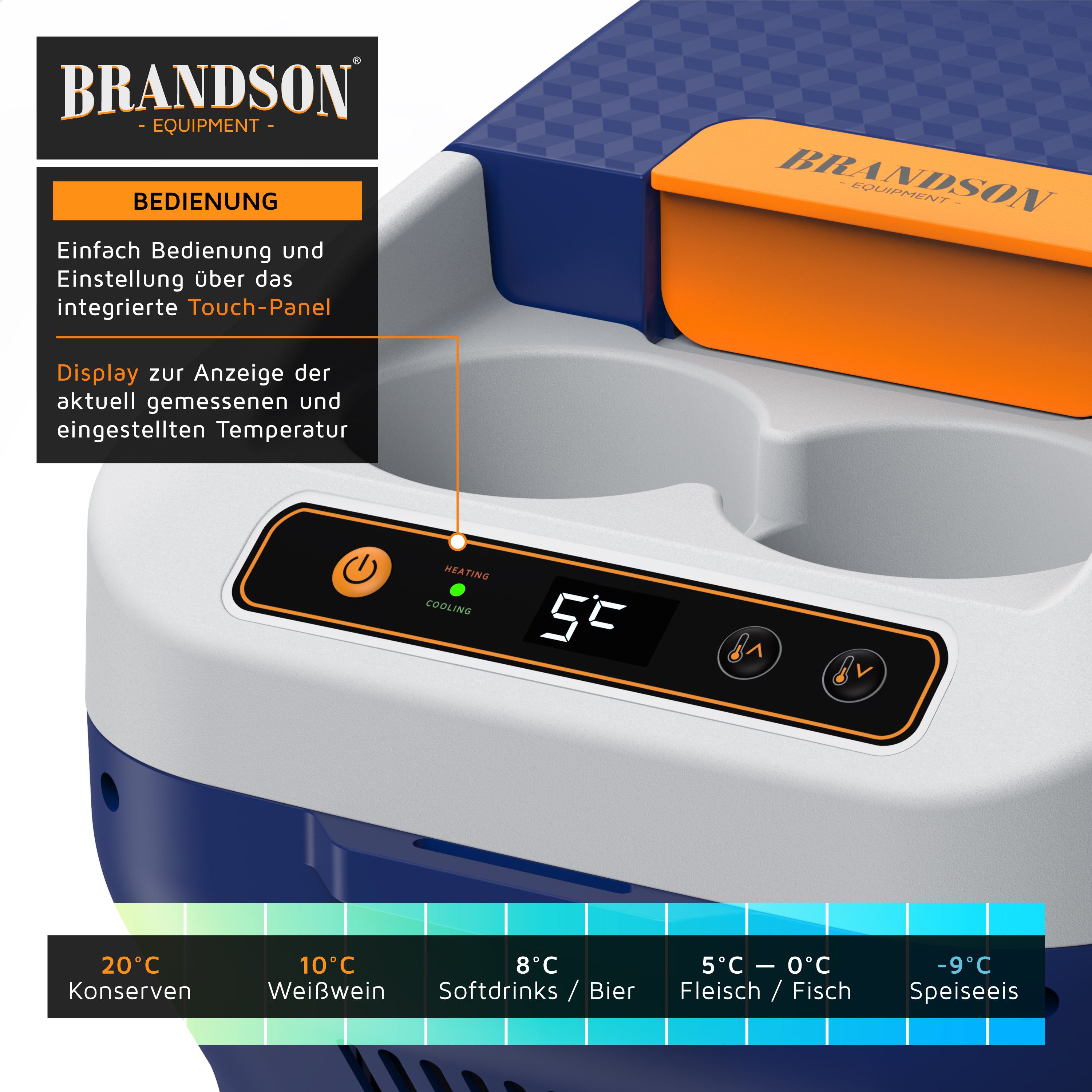 Brandson Elektrische Kühlbox 10 L, Kühlt & hält Warm, von -10 bis +65°C, für die Mittelkonsole, 10 l, Kühlbox elektrisch, 230 V Netzspannung und 12 V KFZ Auto Bordspannung