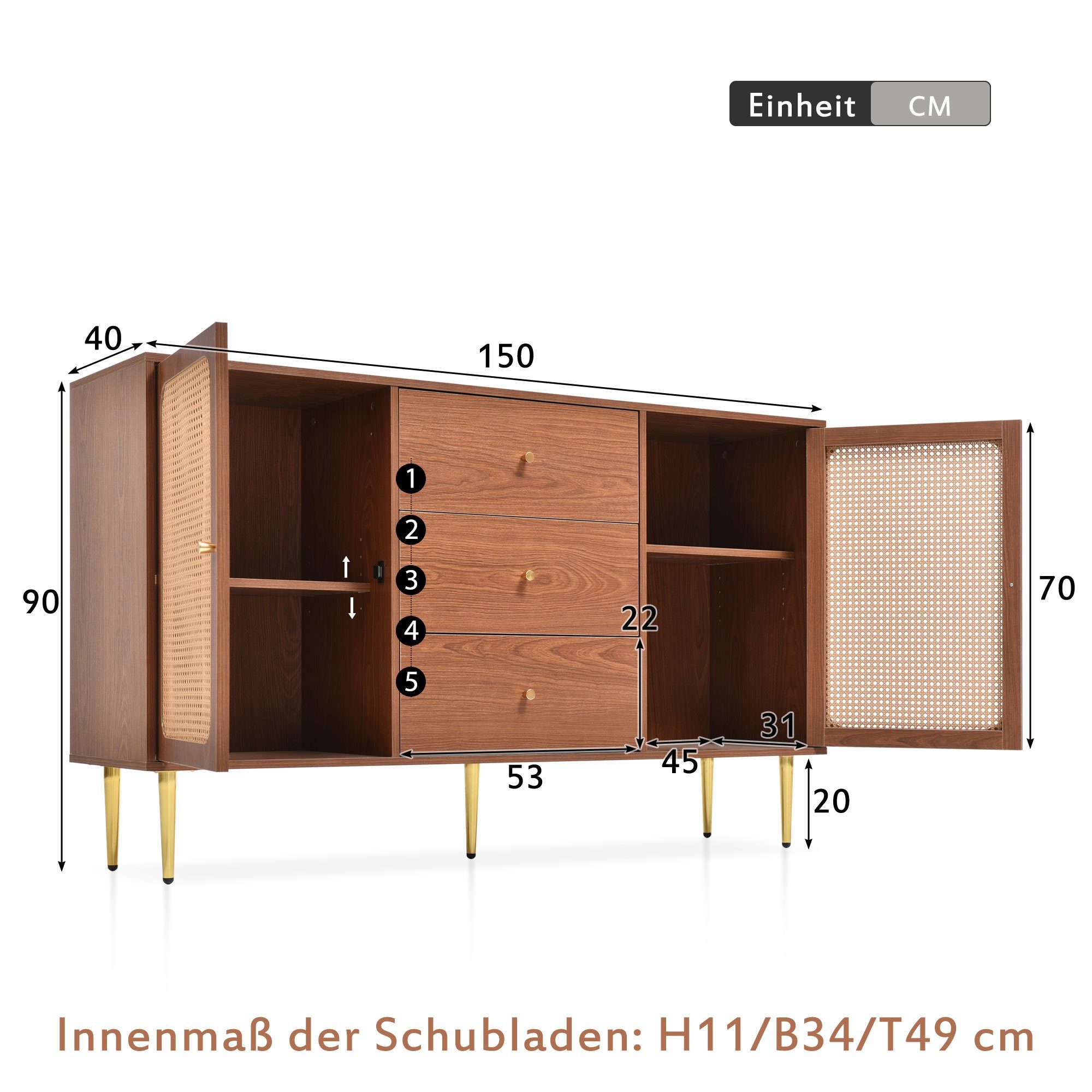 2 Schubladen Rattan Türen Kommode, Flieks Nussbaum 150x40x90cm Sideboard 3