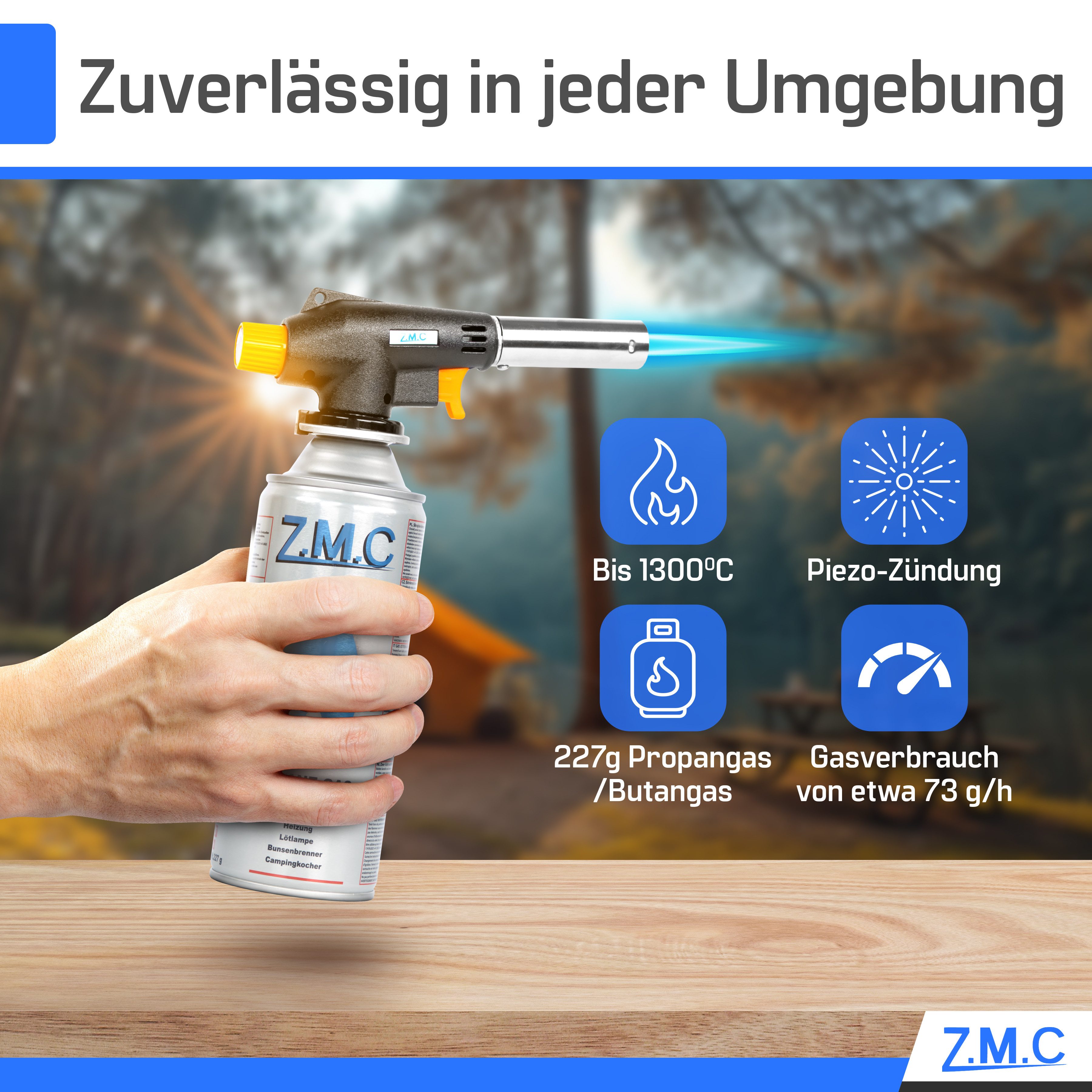 ZMC Flambierbrenner Gasbrenner Gasanzünder Lötbrenner mit Piezozündung + Gaskartuschen, (Temperatur von bis zu 1300 ° C, Einstellbare Flamme, Piezo-Zündung, Koh – Bild 5 von 5