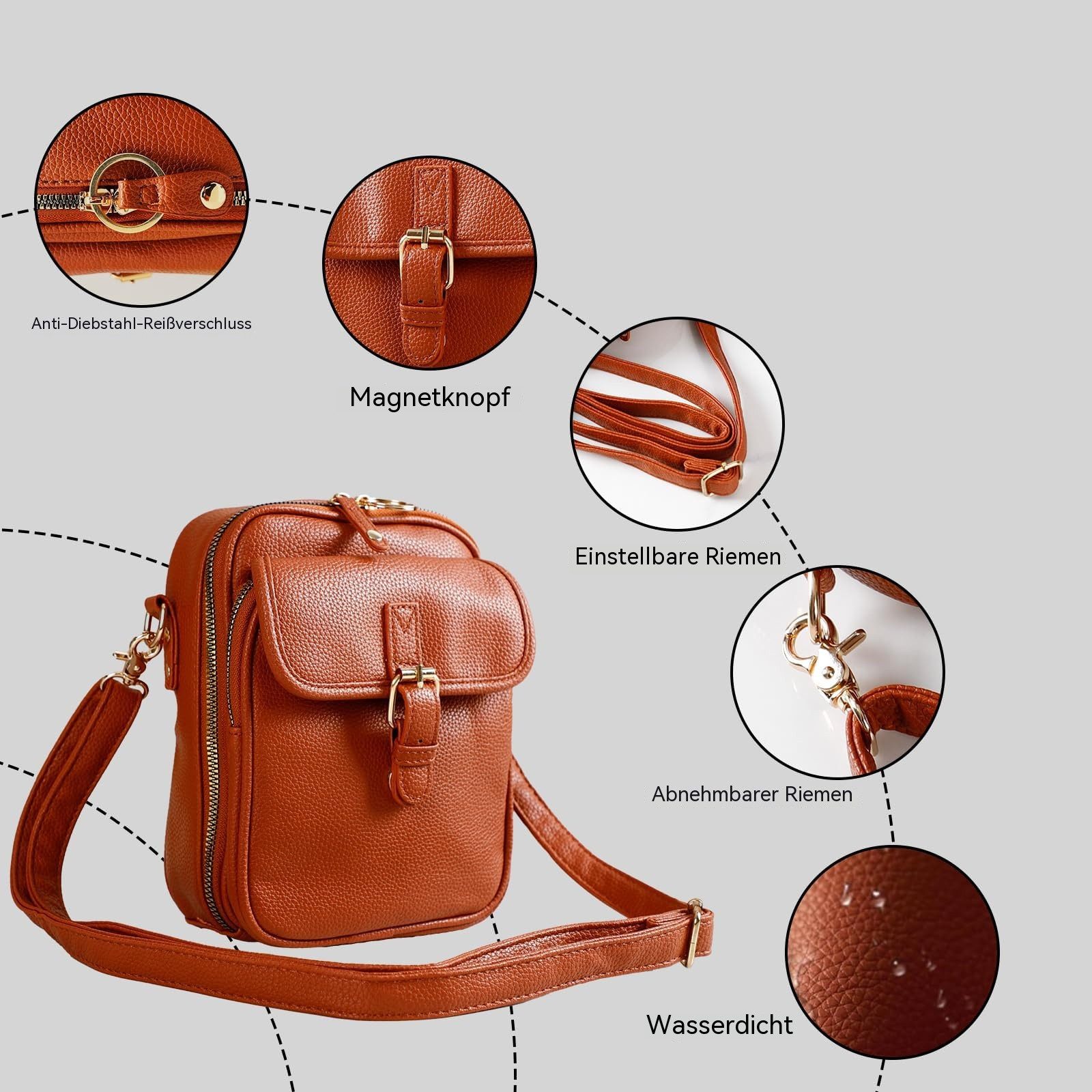 Oemmn Schultertasche Damen-Umhängetasche aus echtem Leder, geräumige Diebstahlschutz-Tasche, Schultertasche mit integrierten Kartenfächern – Bild 5 von 5