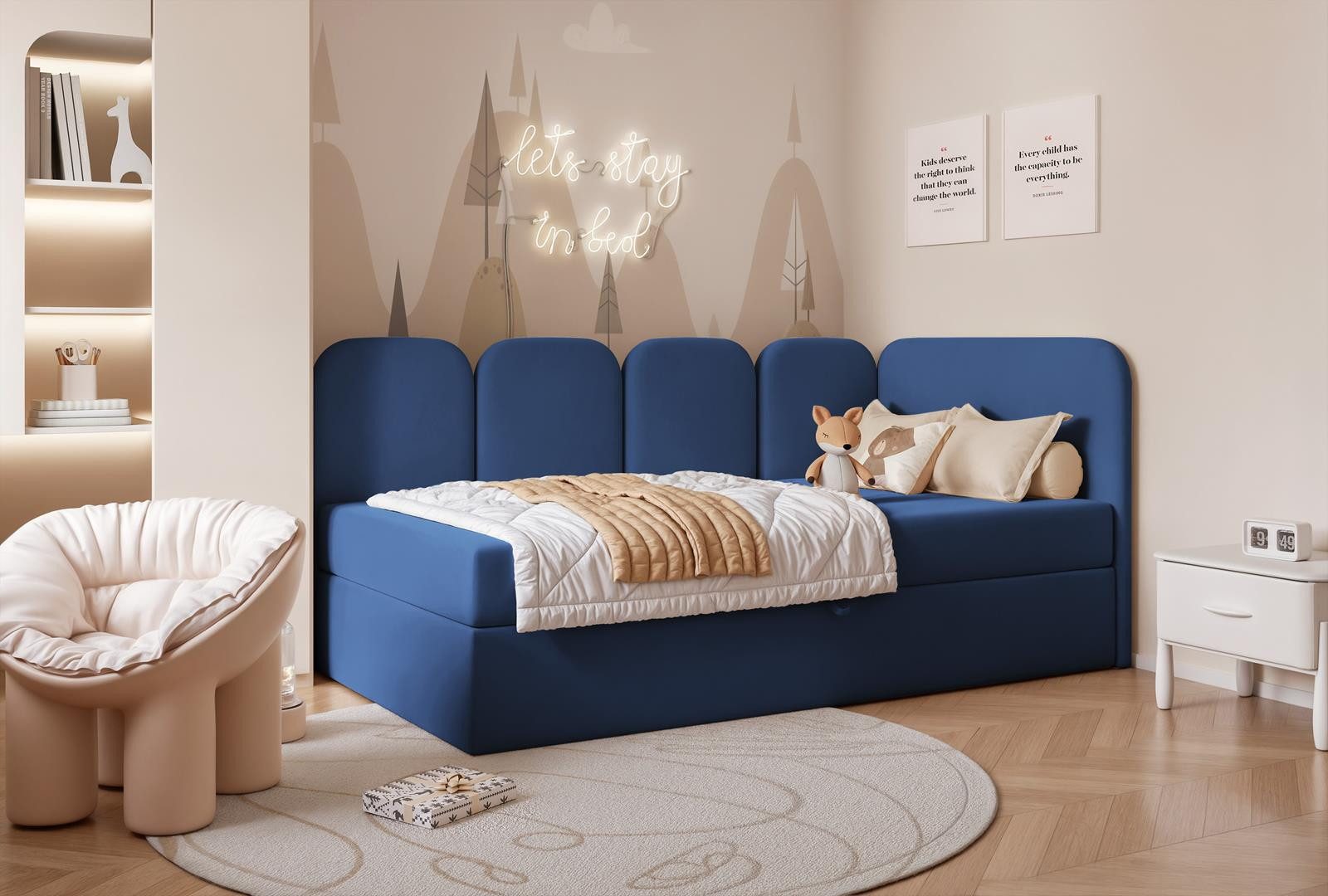 Compleo Boxspringbett Jugendbett DREAMY, Polsterbett mit Bettkasten, 80/90/100/120x200, Kopfteil links oder rechts, Boucle oder Velvet