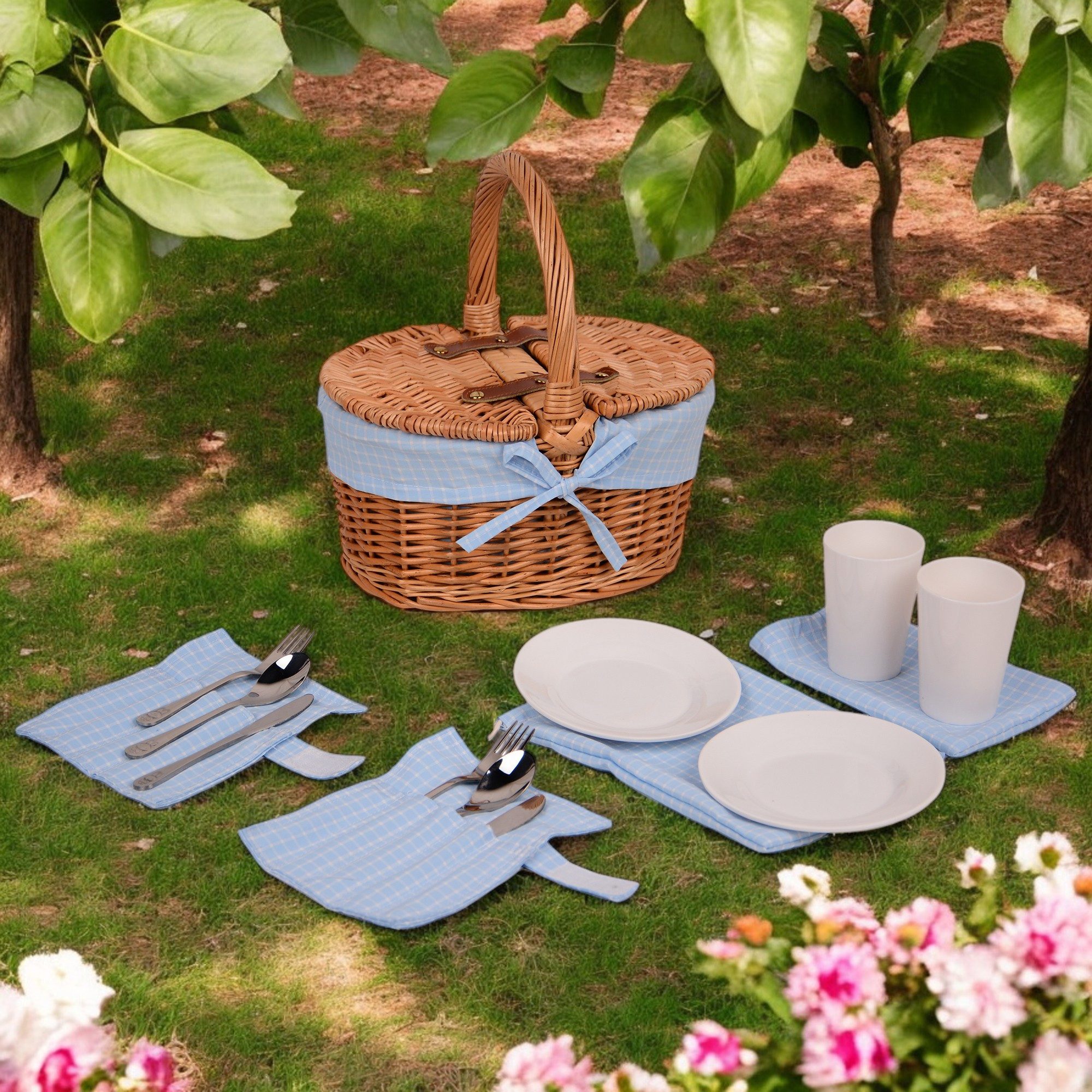 UNUS GARDEN Picknickkorb Kinder, für 2 Personen (ca. 29 x 22 x 31 cm (ohne Griff 15 cm hoch), Kinder-Picknickkorb inklusive Besteck und Geschirr