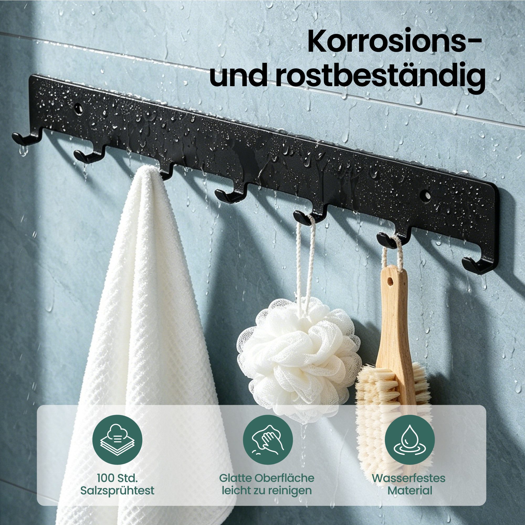 Mai & Mai Hakenleiste Wandhaken Garderobe 7 Haken Kleben Bohren Schwarz/Weiß 50cm Stalo-17, 135° Anti-Rutsch Haken,Kohlenstoffstahl,7 stabile Haken