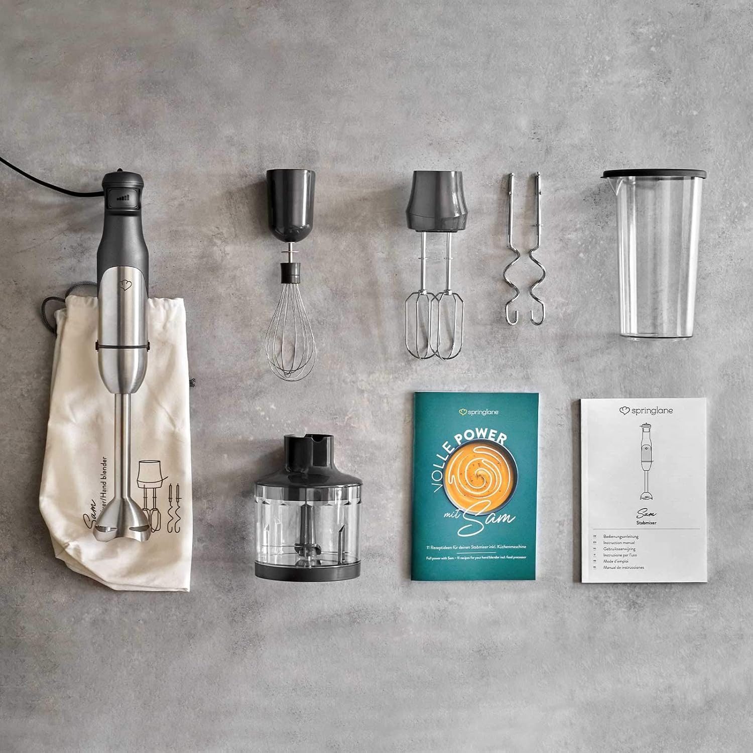 Springlane Stabmixer Set Sam aus Edelstahl inkl. inkl. Pürierstab, Behälter mit Deckel, 800,00 W, Zerkleinerer, Schneebesen, Rühr- & Knethaken, Aufbewahrungstasche
