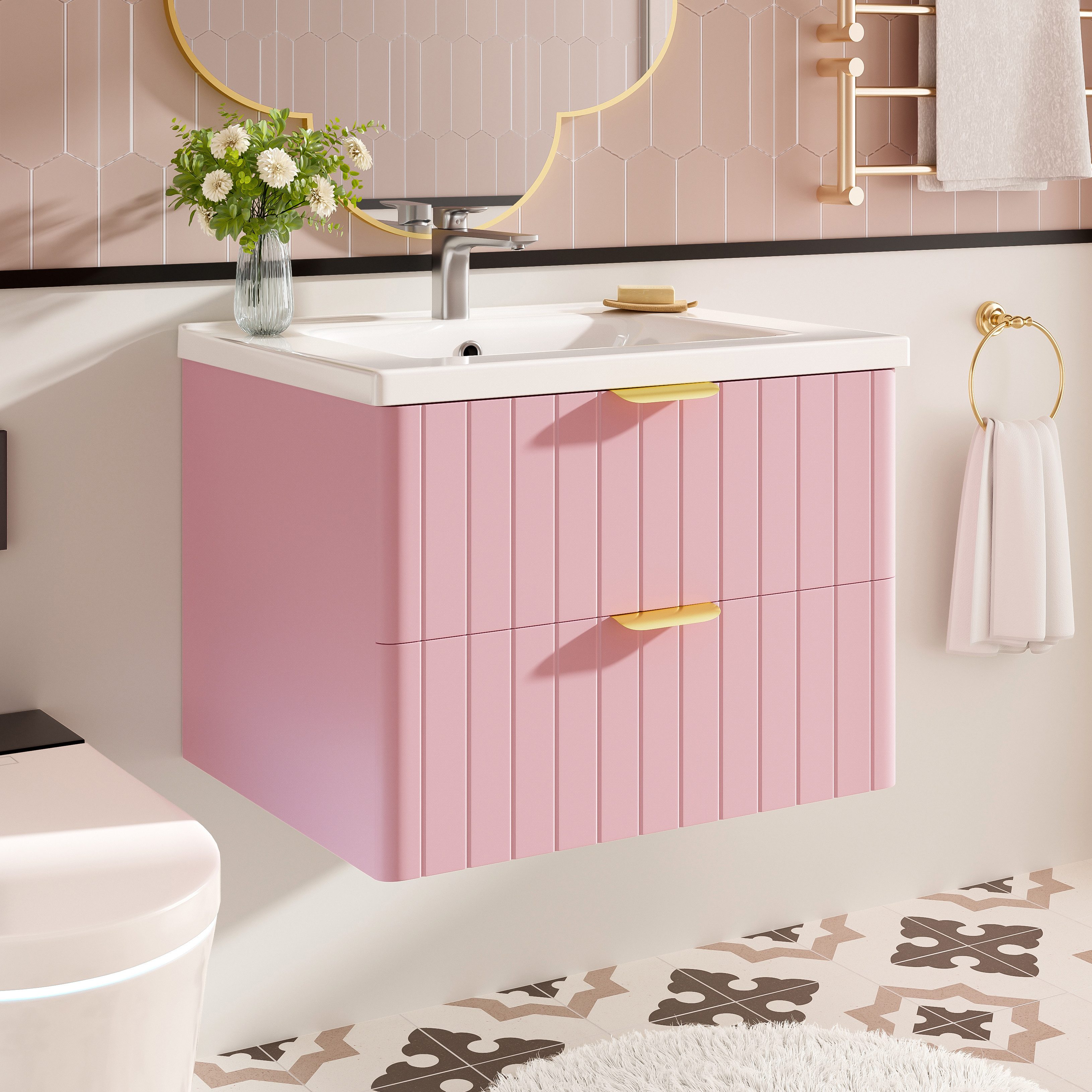Merax Waschbeckenunterschrank hängend, mit Keramik-Waschbecken, 2 Schublade (1-St., Waschtisch, Kleiner Badezimmerschrank) 60,5x47,5x47 cm, Rosa