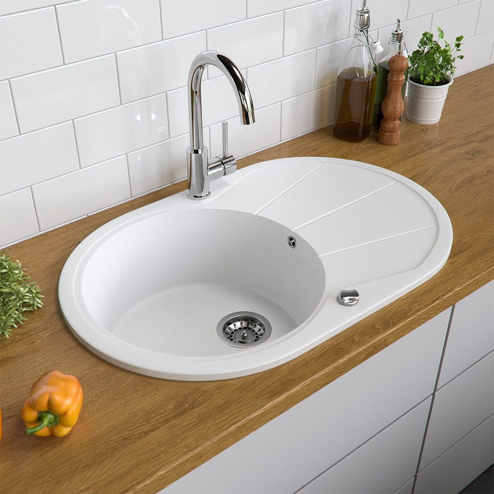 Bergstroem Granitspüle, Weiß, 78 x 50 cm Rund mit Trockenplatz, Rund, 78/50 cm, beidseitig montierbar, (1 St)