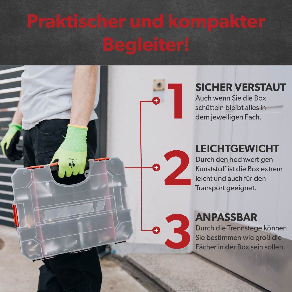 siwitec Sortimentskasten Sortimentsbox 380 x 28,3 x 60 mm 16 Fächer 6 verstellbare Fachtrenner (1 St), Anpassbar, Verschließbar, Stapelbar
