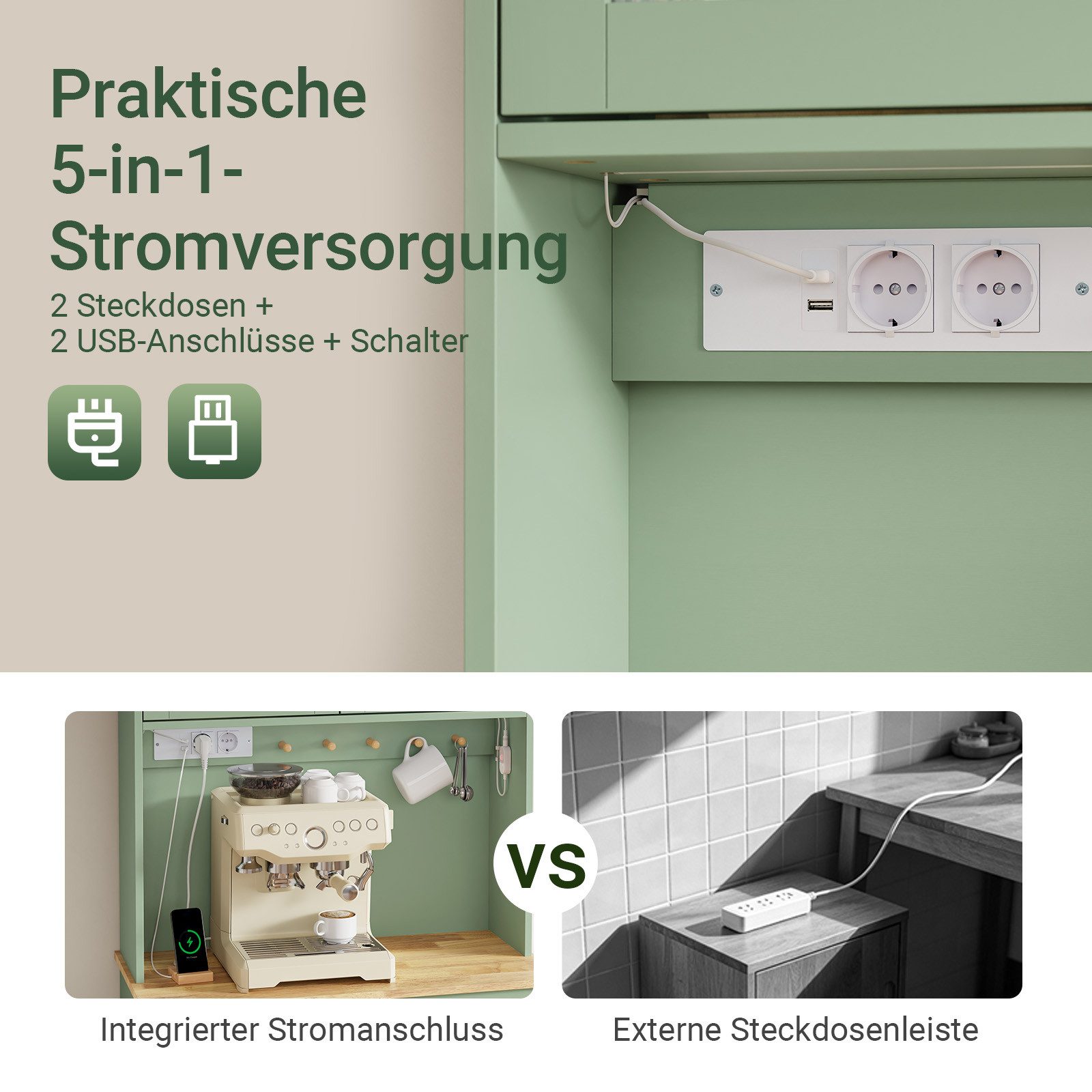 SoBuy Hochschrank FSB108-E, Küchenbuffet mit Arbeitsplatte, Vitrinenschrank mit LED (1er Set) Grüner Schrank mit LED, Steckdosen und USB-Anschluss für Küche