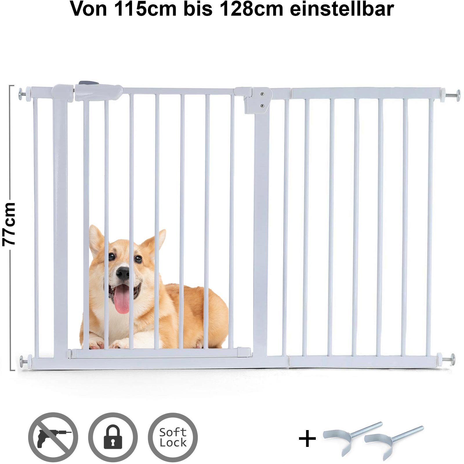 RAMROXX Treppenschutzgitter Absperrgitter Treppenschutz Metall weiß + Y Halter 115 -128cm 77cm