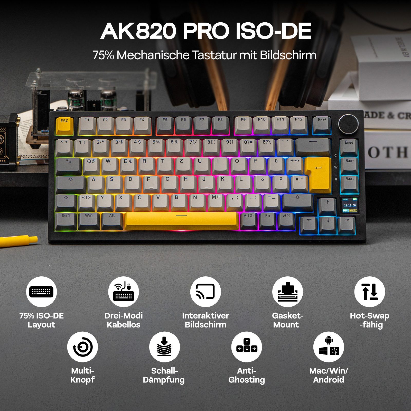 AJAZZ ISO-DE Mechanische Tastatur Kabellos, RGB 75% Gaming Tastatur (BT/2,4 GHz/Kabel, TFT-Display, Creamy Gasket)