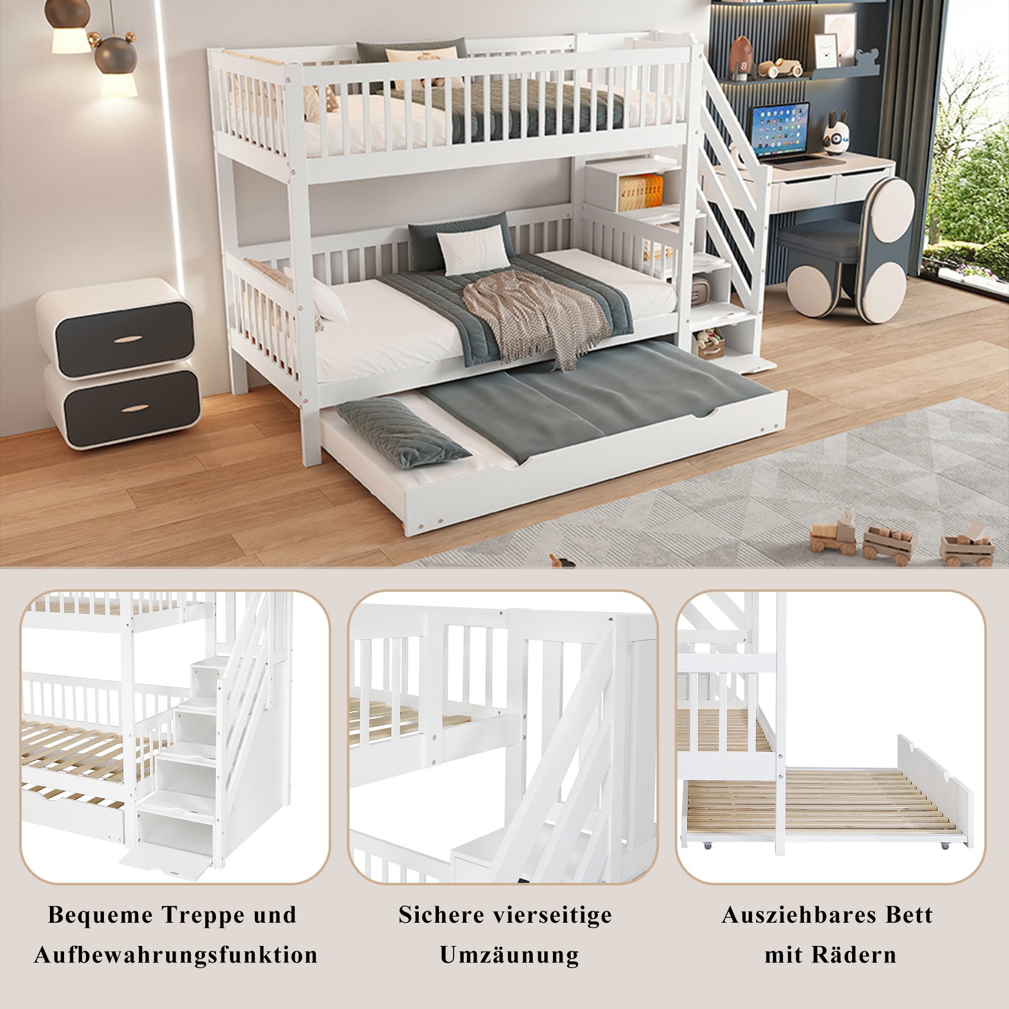 OKWISH Bunk Bed for Children with Rollaway Bed & Practical Ladder Wardrobe (Children's Bed with Additional Storage Space, 90x200/190 cm, with Additional Storage Space for Toys), Mattress Not Included – Flexible Sleeping and Playing Option