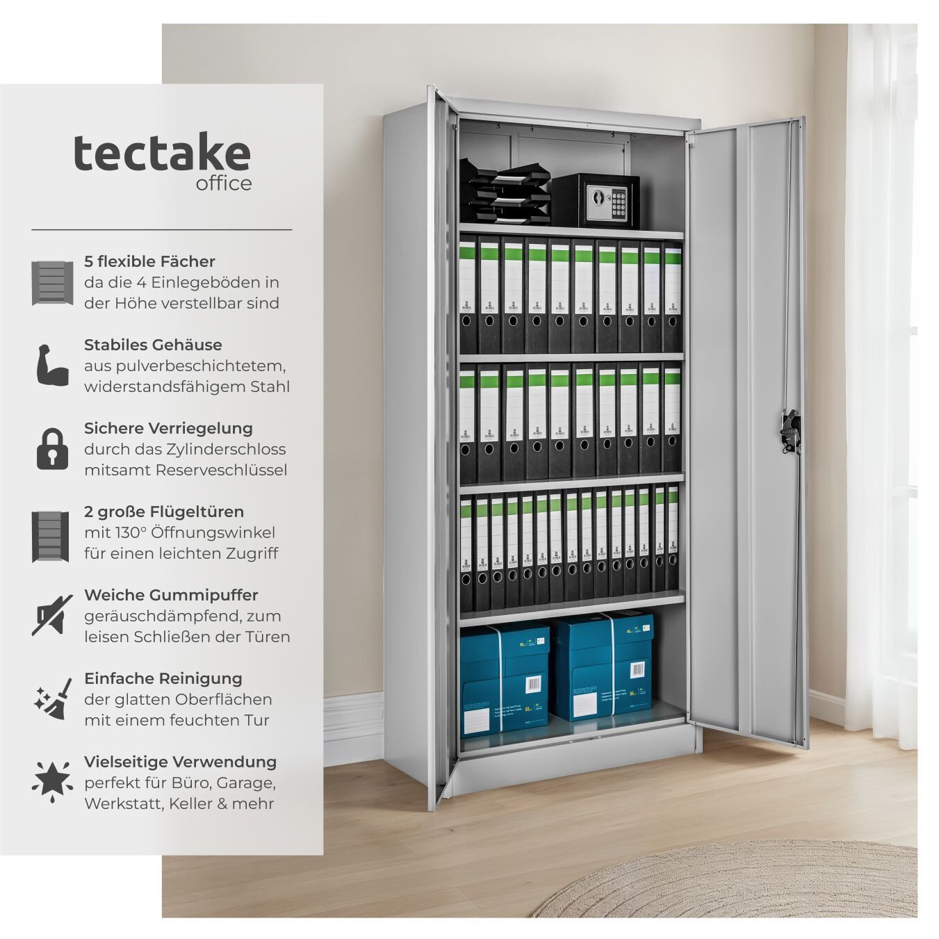 tectake Aktenschrank Werkzeugschrank aus pulverbeschichtetem Stahl, 180 x 80 x 40 cm (Komplettset, 1-St., inkl. 2 Schlüssel) mit 2 Flügeltüren, 4 höhenverstellbare Einlegeböden, abschließbar