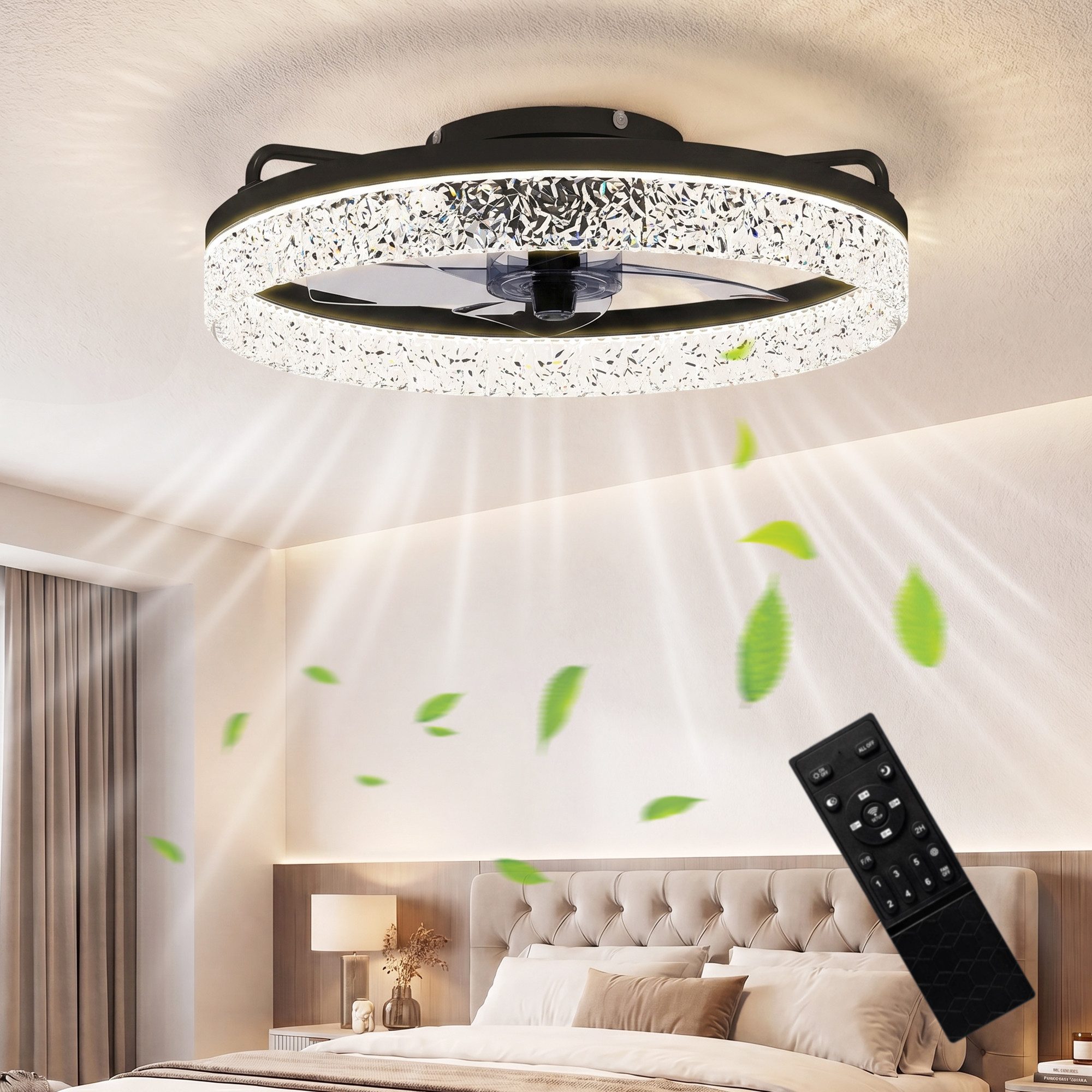 HOMCOM Deckenventilator LED Deckenleuchte mit DC-Motor, 40 W, dimmbar, leise, Schwarz, mit Fernbedienung, 6 Geschwindigkeiten, 3 Farbtemperaturen