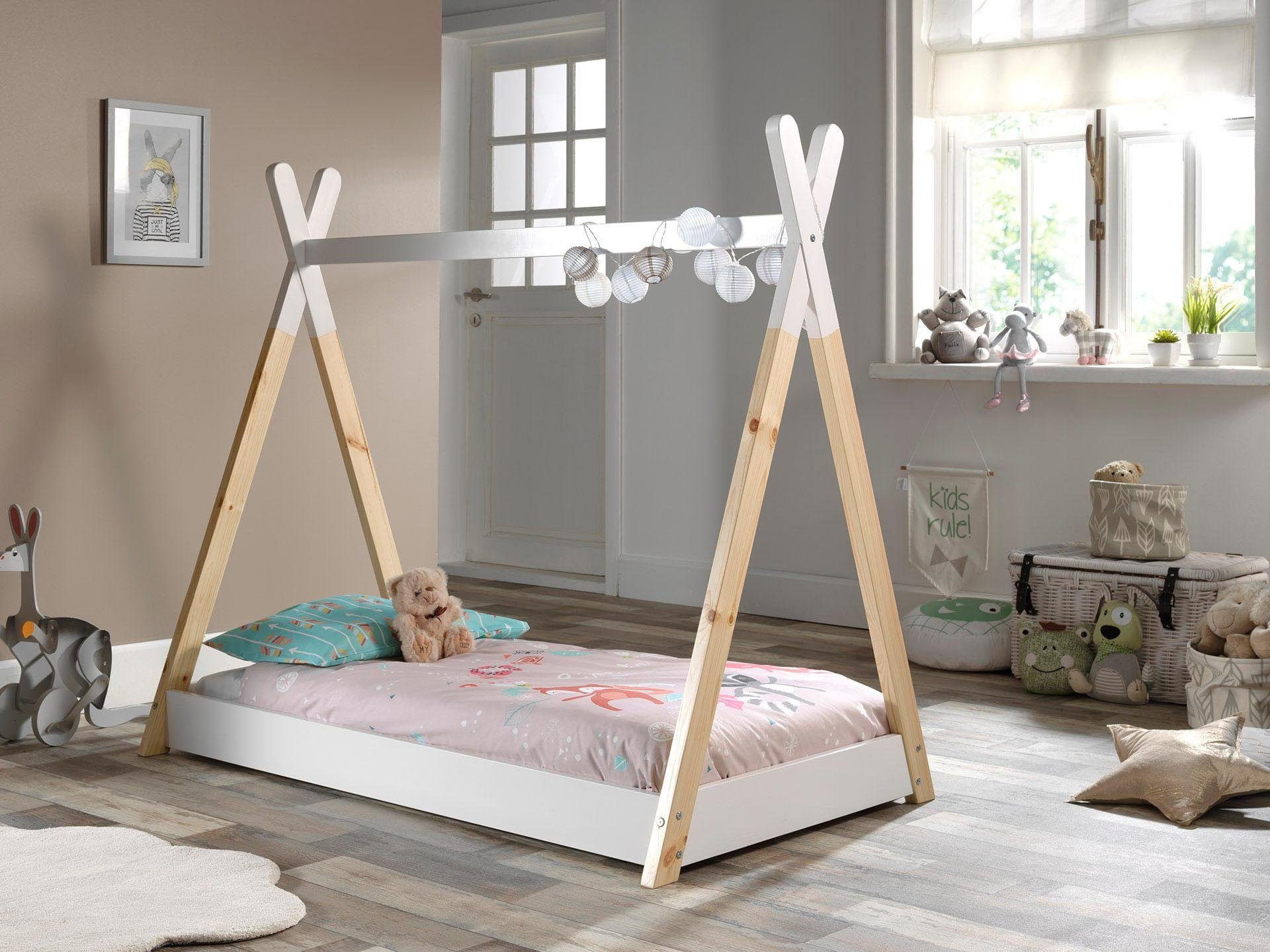 Vipack Kinderbett Tipi, mit Querstange in Zelt-Optik, Kiefer massiv (inkl. Lattenrost, Bettrahmen in Weiß, 2 Größen zur Auswahl), Bodenfreiheit 1,5 cm für bessere Belüftung