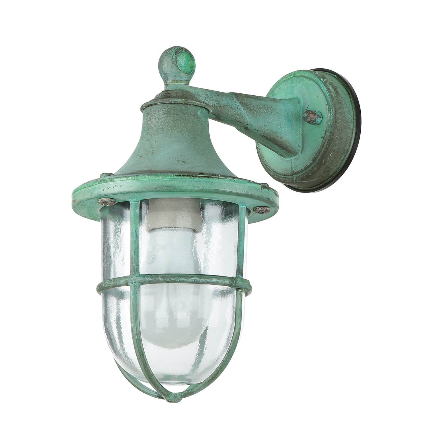 Licht-Erlebnisse Außen-Wandleuchte SANTORIN, ohne Leuchtmittel, Hof Garten IP64 Grün antik E27 Glas Messing massiv Maritim