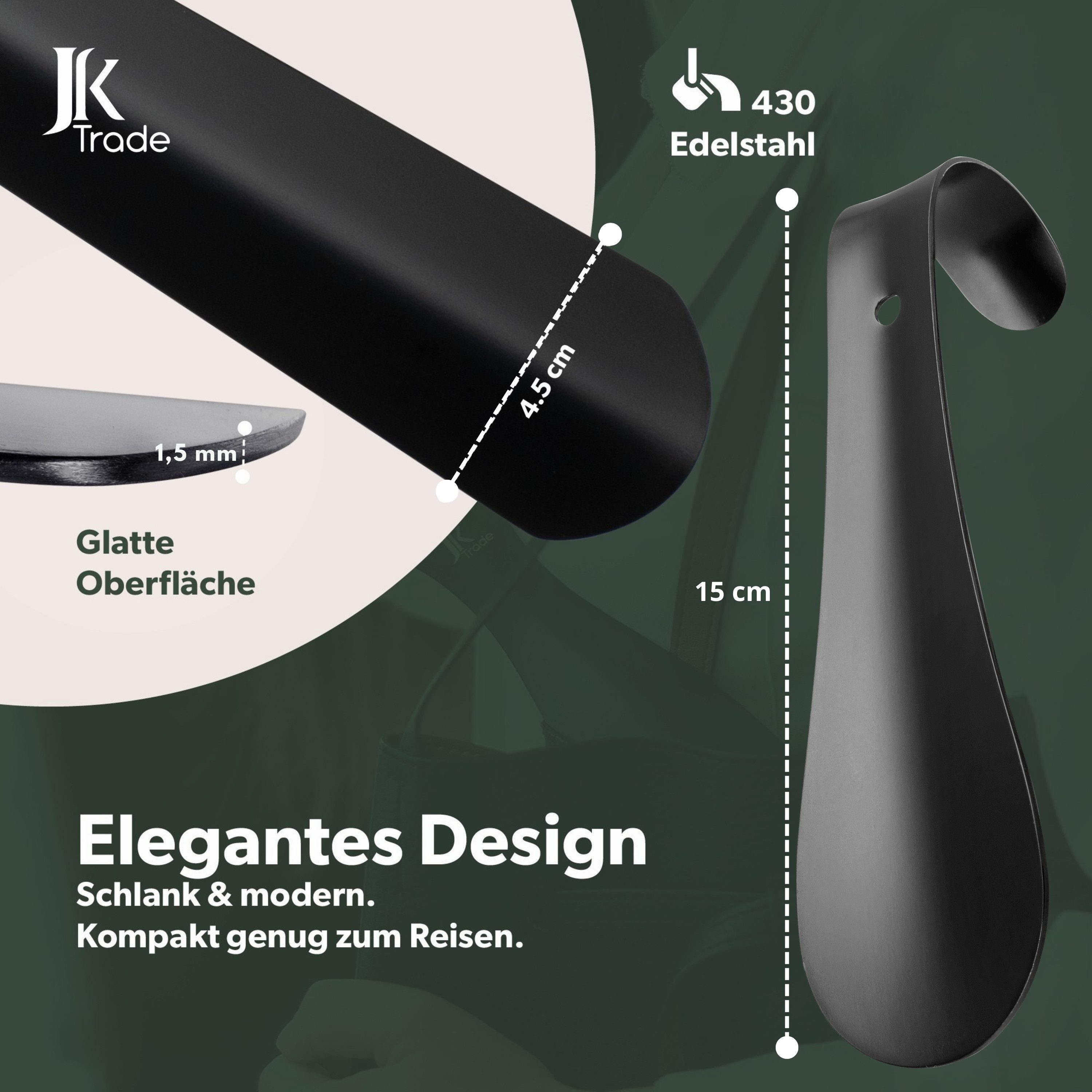 JK Trade Schuhlöffel 15cm Edelstahl Schwarz pulverbeschichtet (1-tlg., klein & stabil), ideal für Reisen – Aufhängbar & hochwertig verarbeitet