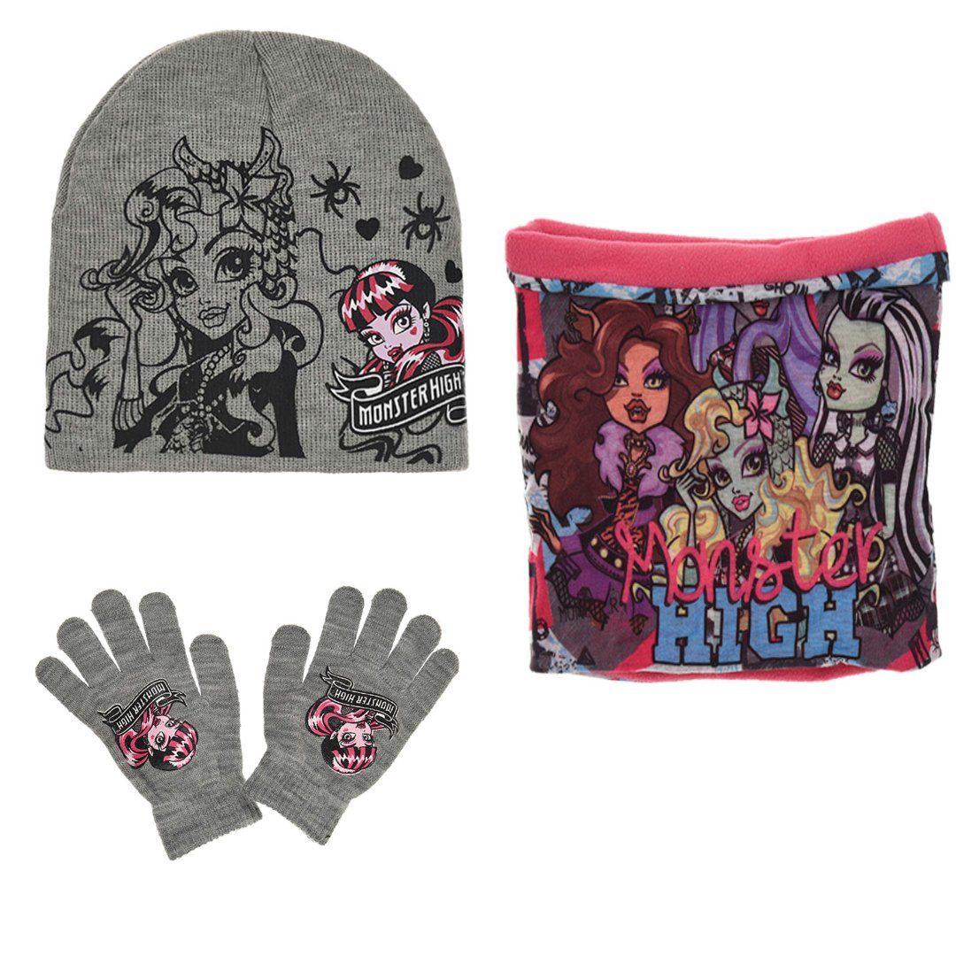Monster High Schlupfmütze Monster High Girls 3tlg Set Kinder Mütze Wintermütze Handschuhe Loop Gr. 52 bis 54 Grau-01
