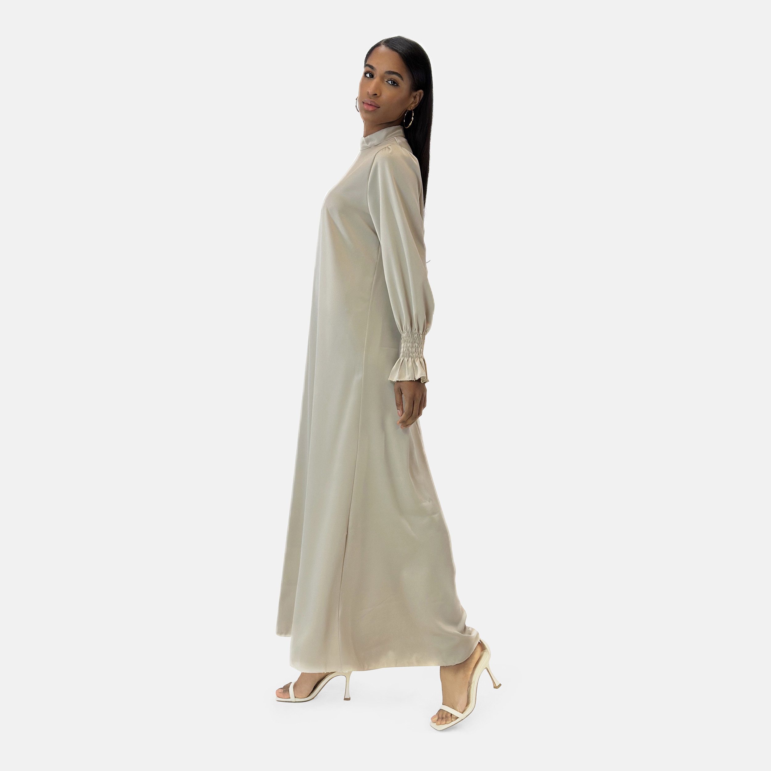 Elara Maxikleid — Damen Abaya One Size mit Stehkragen und Ballonärmeln