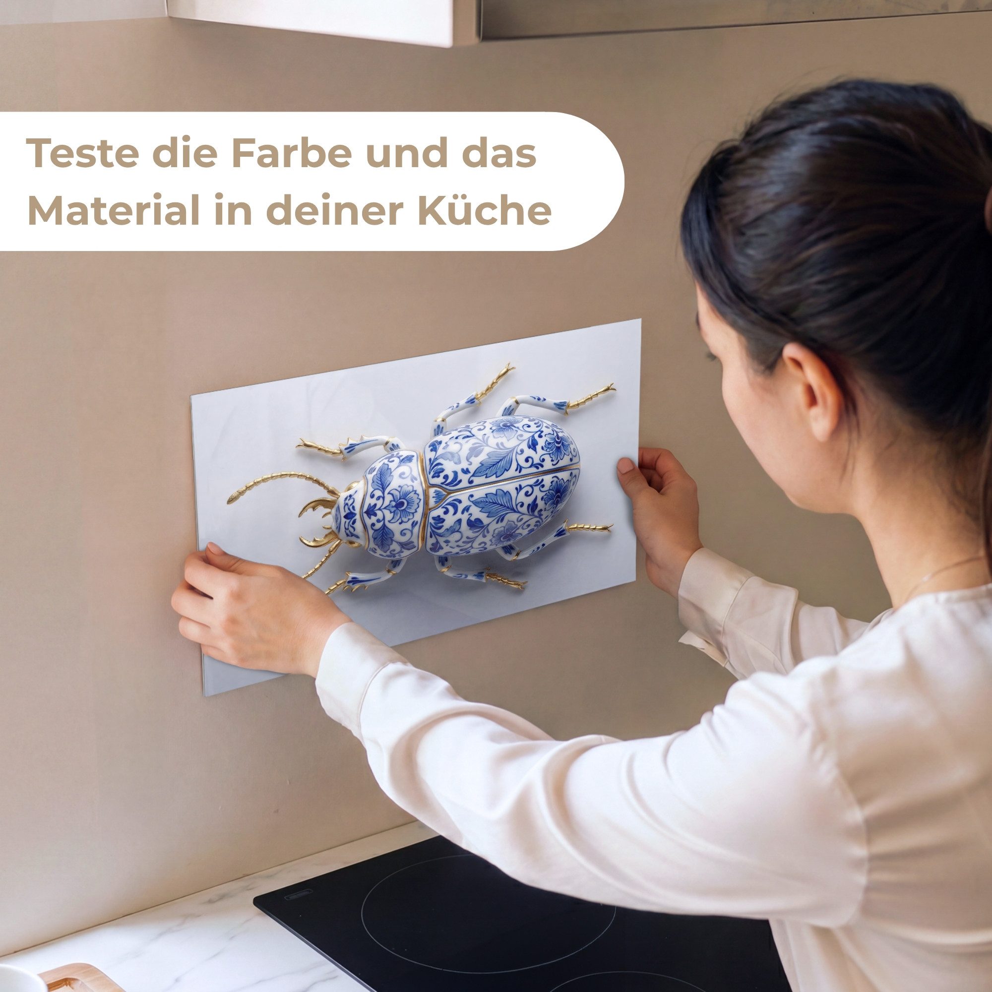 KitchenYeah Küchenrückwand Muster selbstklebend (keine Folie) Käfer - Delfts - Blau - Gold, (1-tlg), Spritzschutz, Küche, Rückwand, Küchenwand, Küchenfront, 30x20 cm