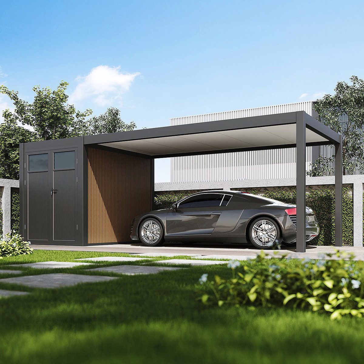 Weide Einzelcarport Carport mit Schuppen aus Aluminium 3 x 7,2 M Garage anthrazit, BxT: 720x300 cm, 236 cm Einfahrtshöhe