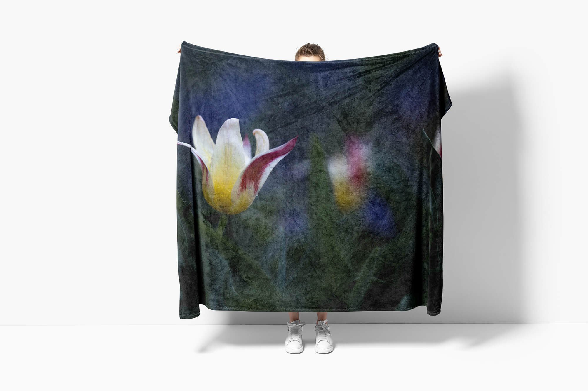 Fotomotiv (1-St), Art Dunkel, Weiße Strandhandtuch Handtuch Saunatuch Sinus mit Baumwolle-Polyester-Mix Kuscheldecke Handtücher Blume Handtuch