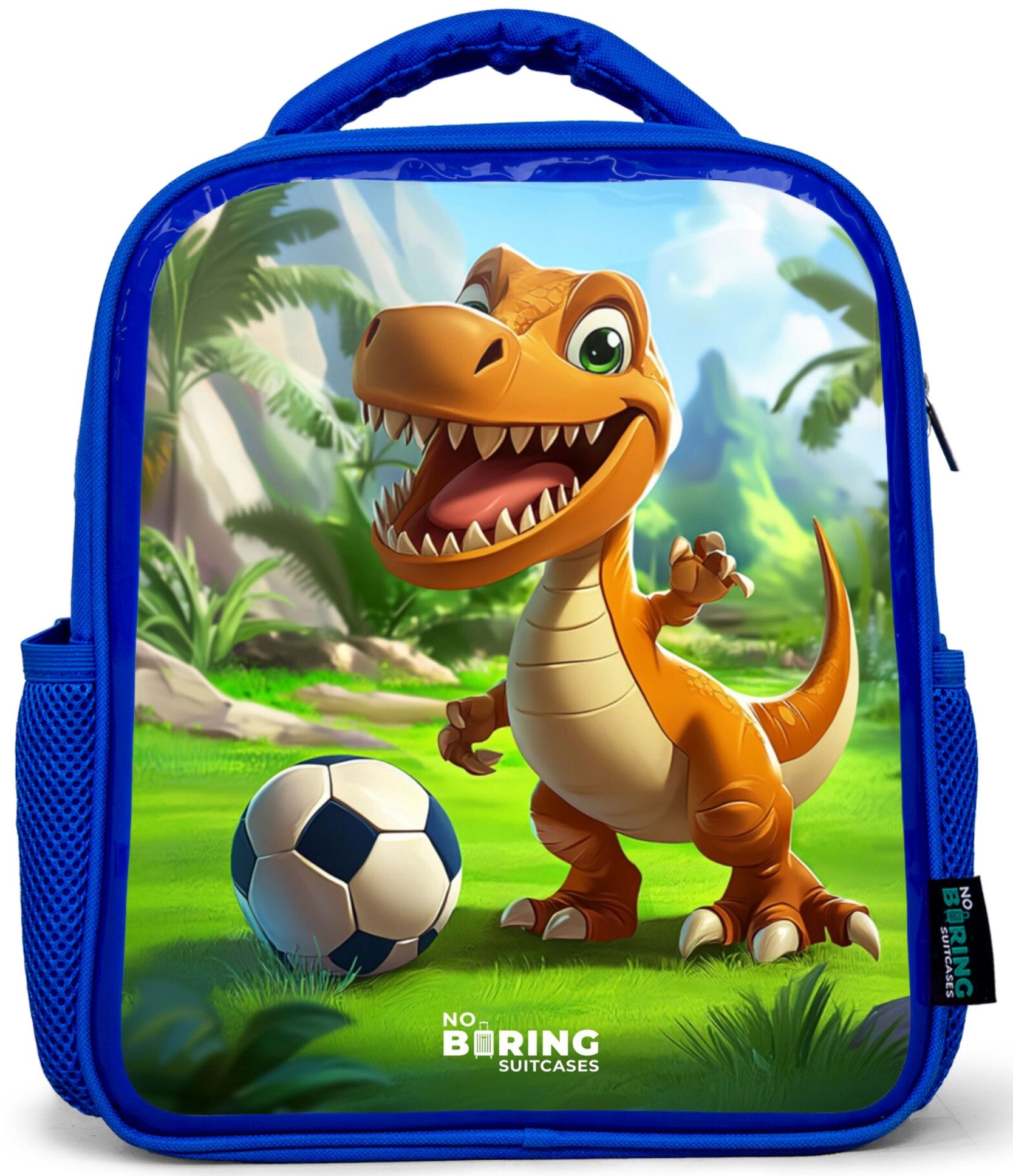 Rucksack Blau - Dino mit einem Fußball in grüner Landschaft