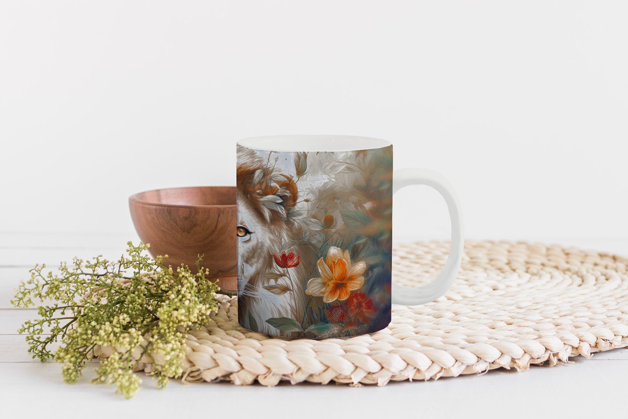 MuchoWow Tasse Löwe Keramik, Teetasse, Pflanzen - Wildtiere Kaffeetassen, Blumen, Geschenk Becher, - Teetasse, - Natur 