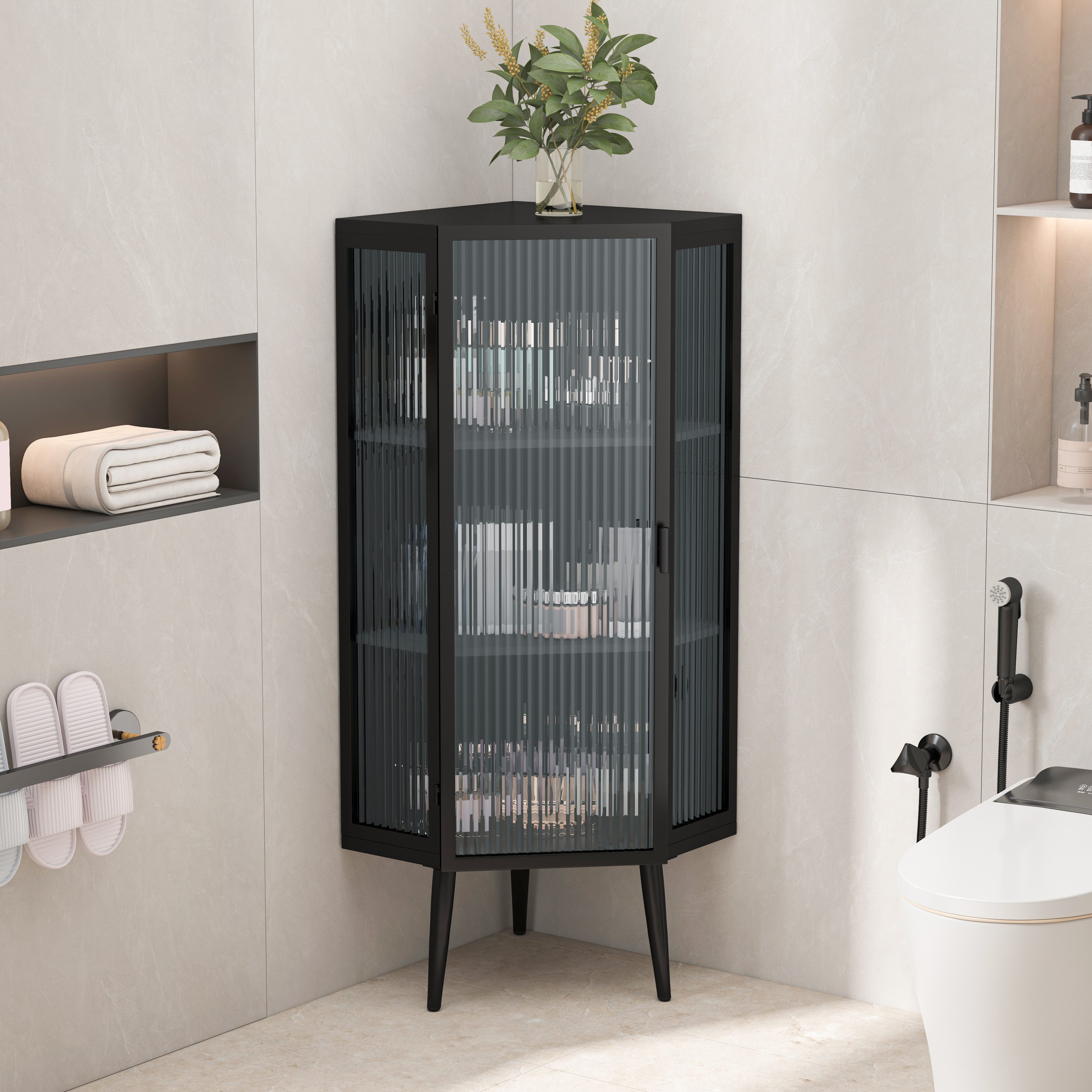 Celya Eckregal Eck-Unterschrank mit Tür aus gehärtetem Glas und verstellbarem Regal, für Badezimmer, Wohnzimmer, Schlafzimmer,Schwarz