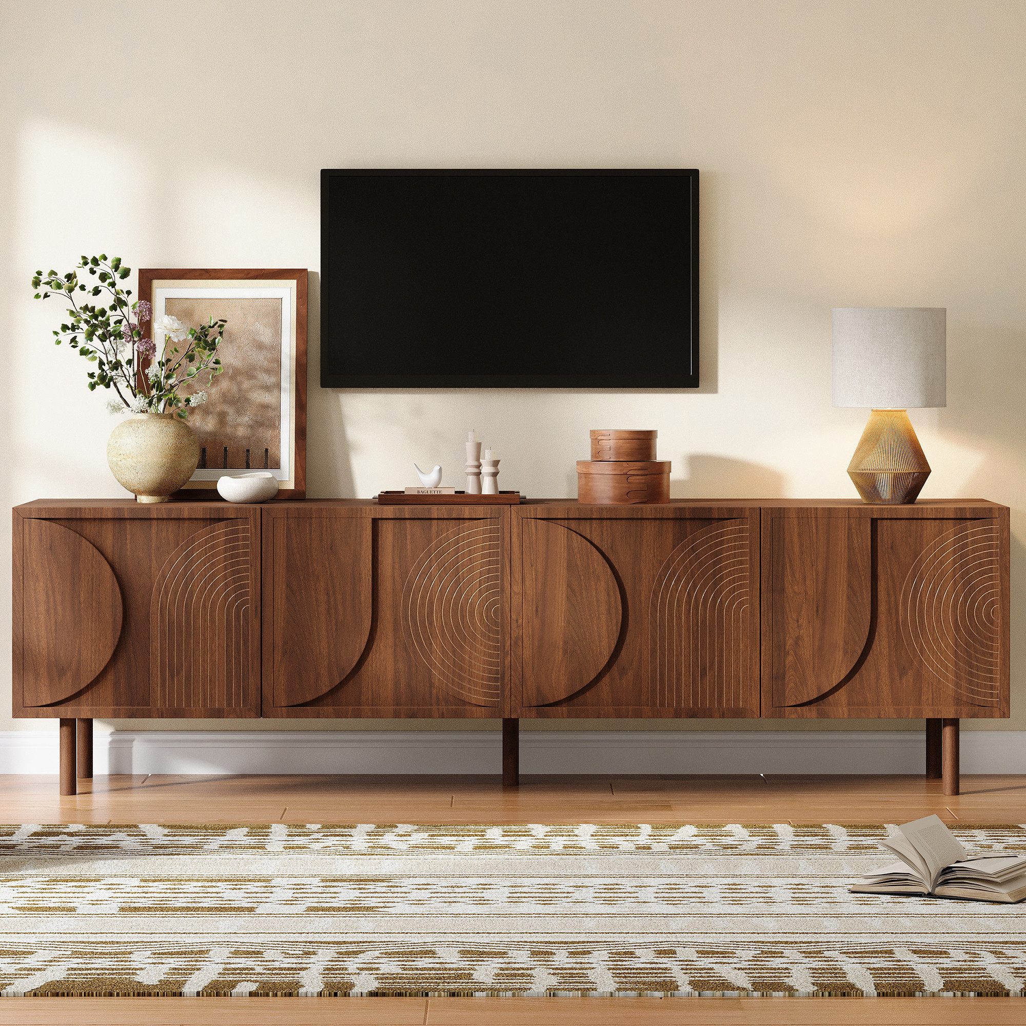 KLAM HOME Lowboard TV-Schrank Walnussholzfarbe 180cm mit 3D-Relief und Soft-Close-Türen (Modernes Lowboard mit 4 Türen, geeignet für Fernseher bis 75 Zoll), Stauraum-TV-Kommode mit Kabeldurchführung für das Wohnzimmer